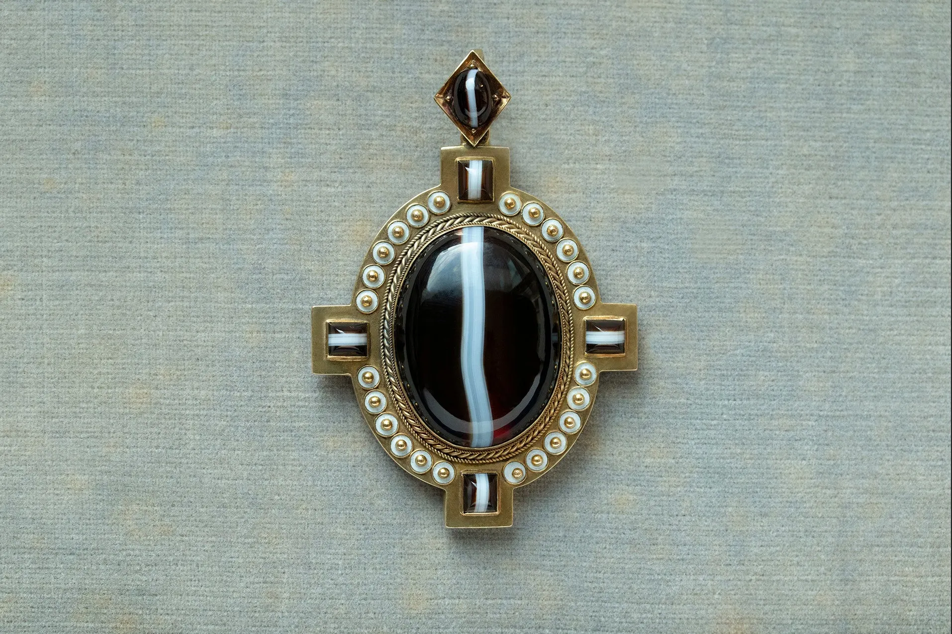 Large Mid-Victorian Banded Agate White Enamel Locket