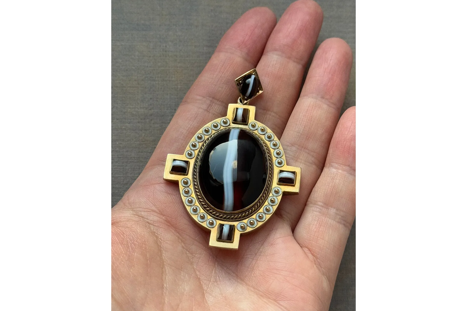 Large Mid-Victorian Banded Agate White Enamel Locket