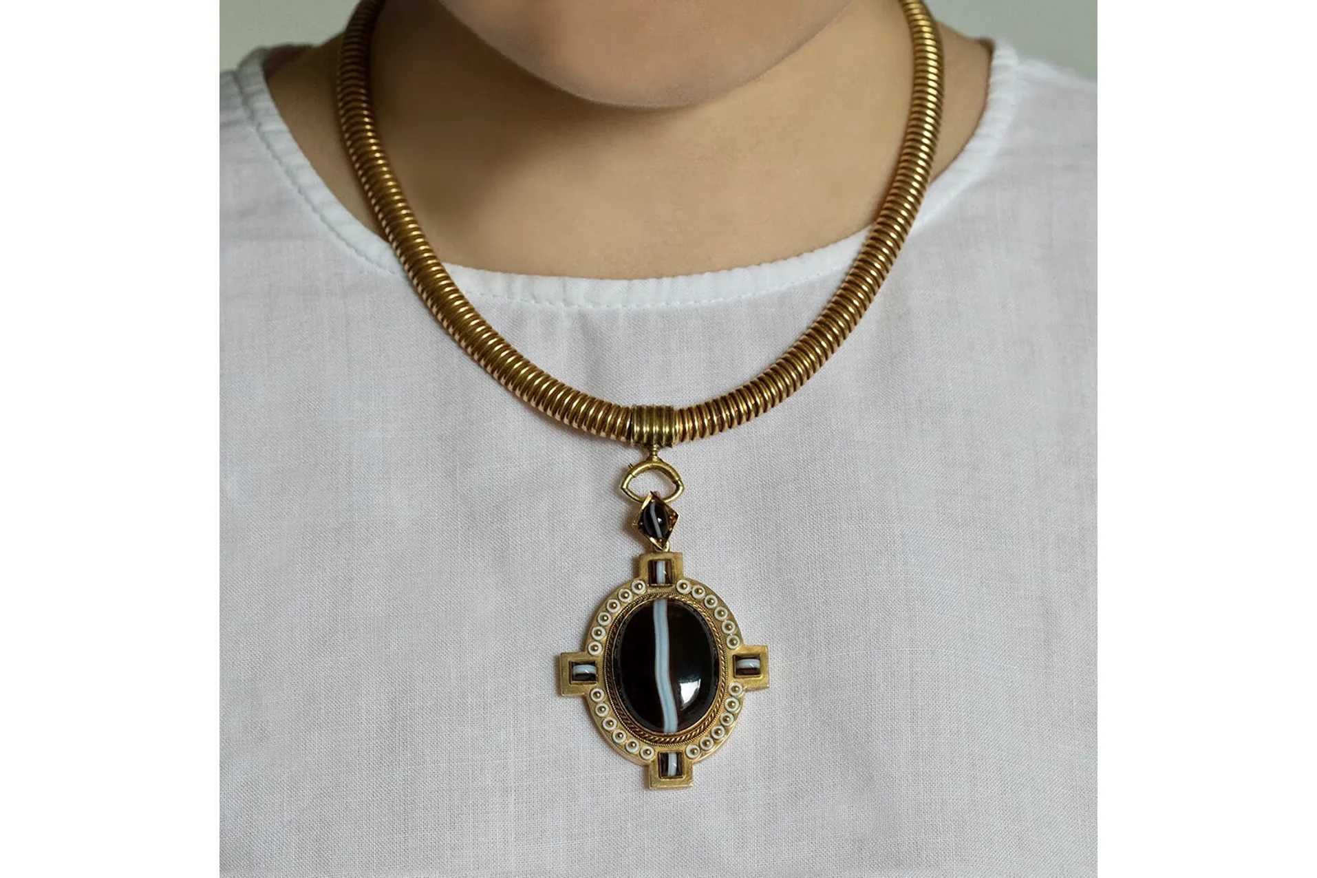 Large Mid-Victorian Banded Agate White Enamel Locket