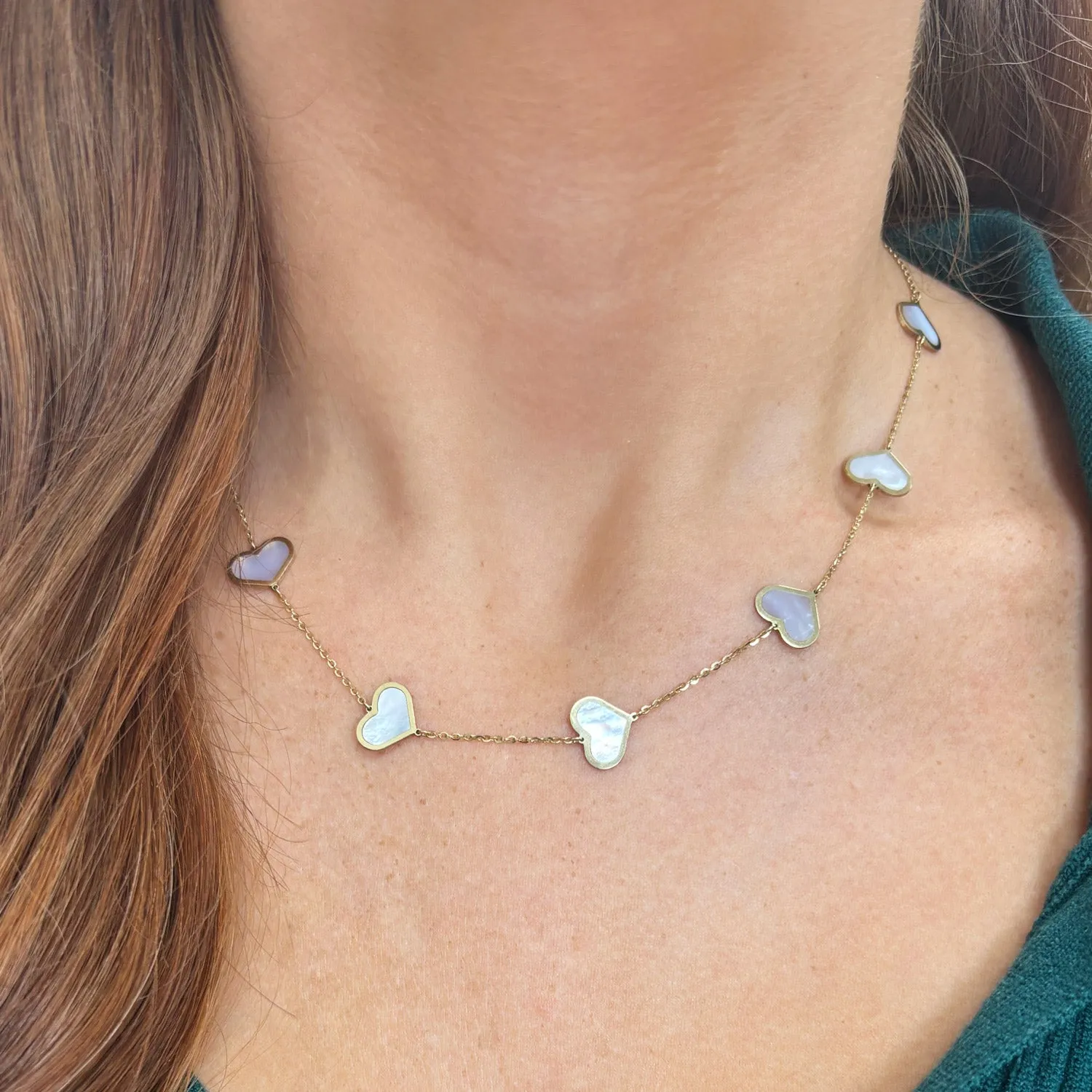 Large Mother of Pearl Heart Station Necklace