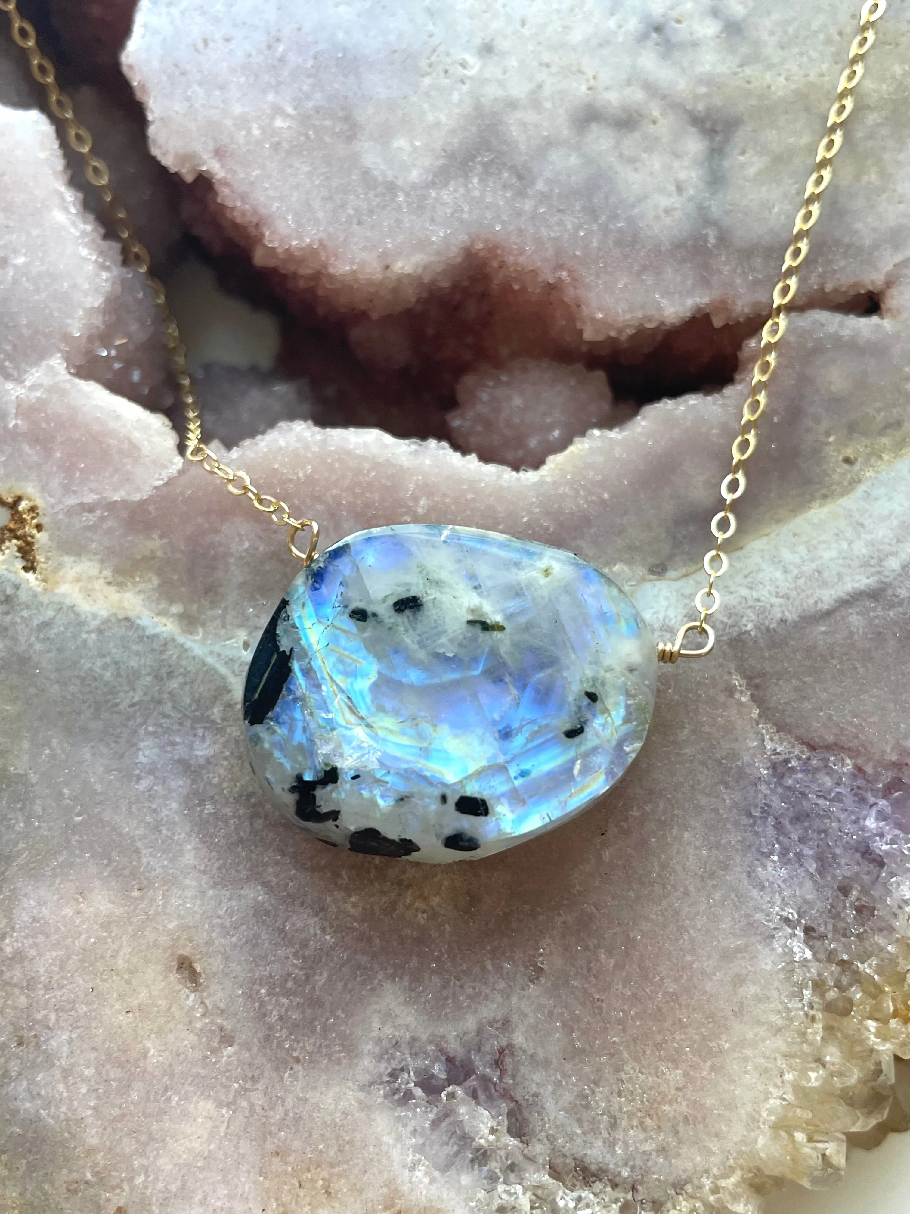 Large statement rainbow moonstone necklace 14kt gold filled