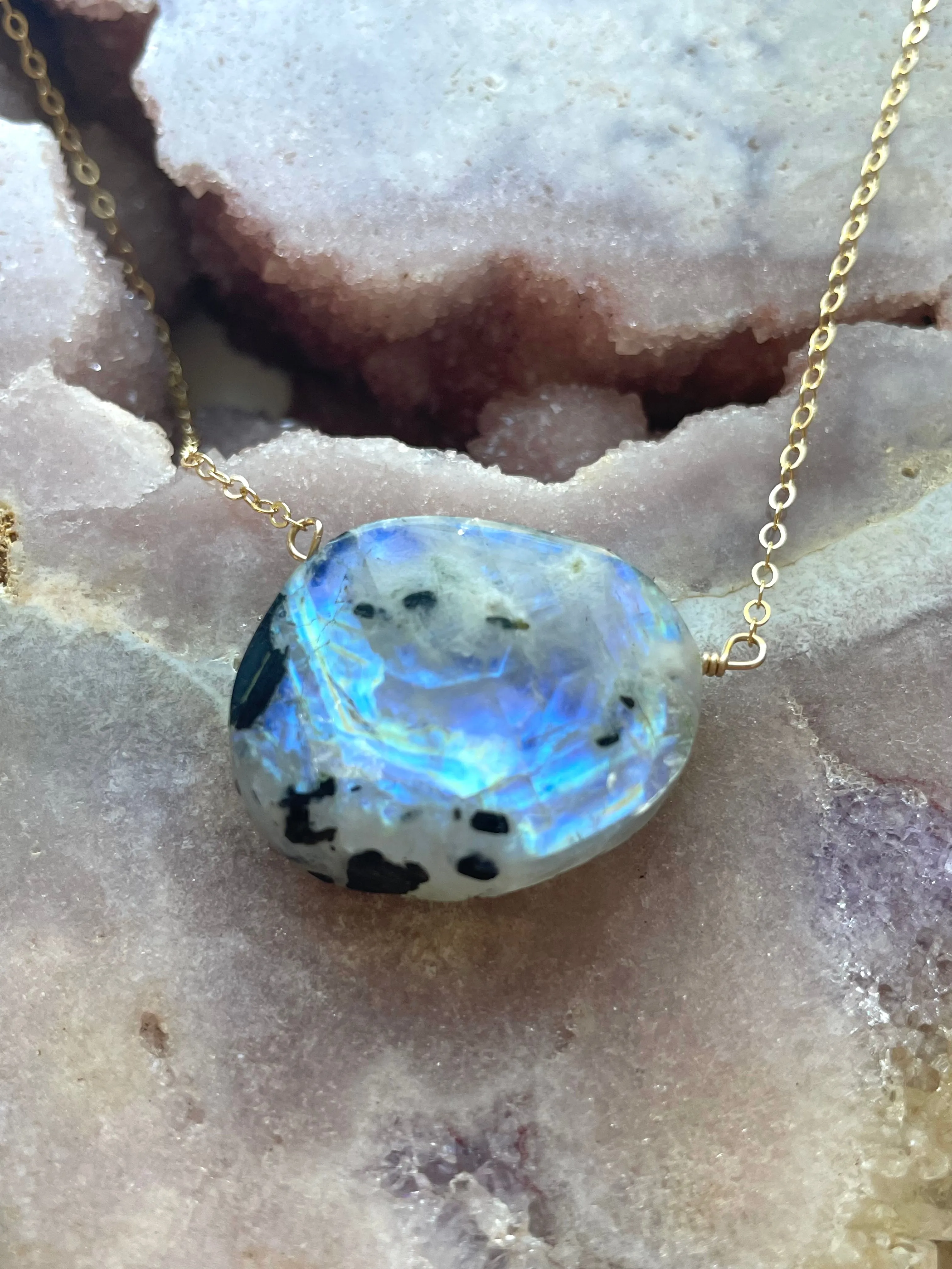 Large statement rainbow moonstone necklace 14kt gold filled