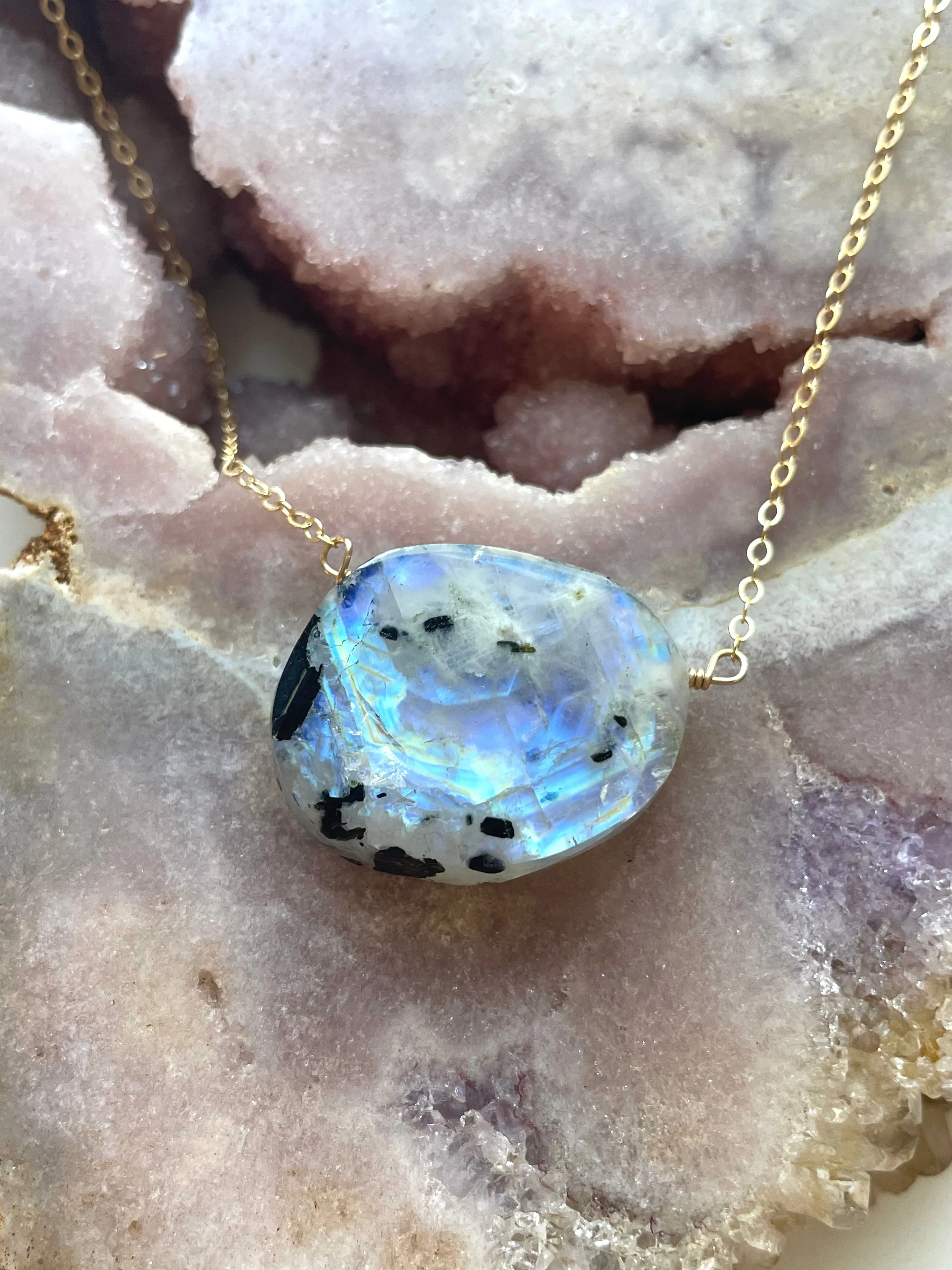 Large statement rainbow moonstone necklace 14kt gold filled
