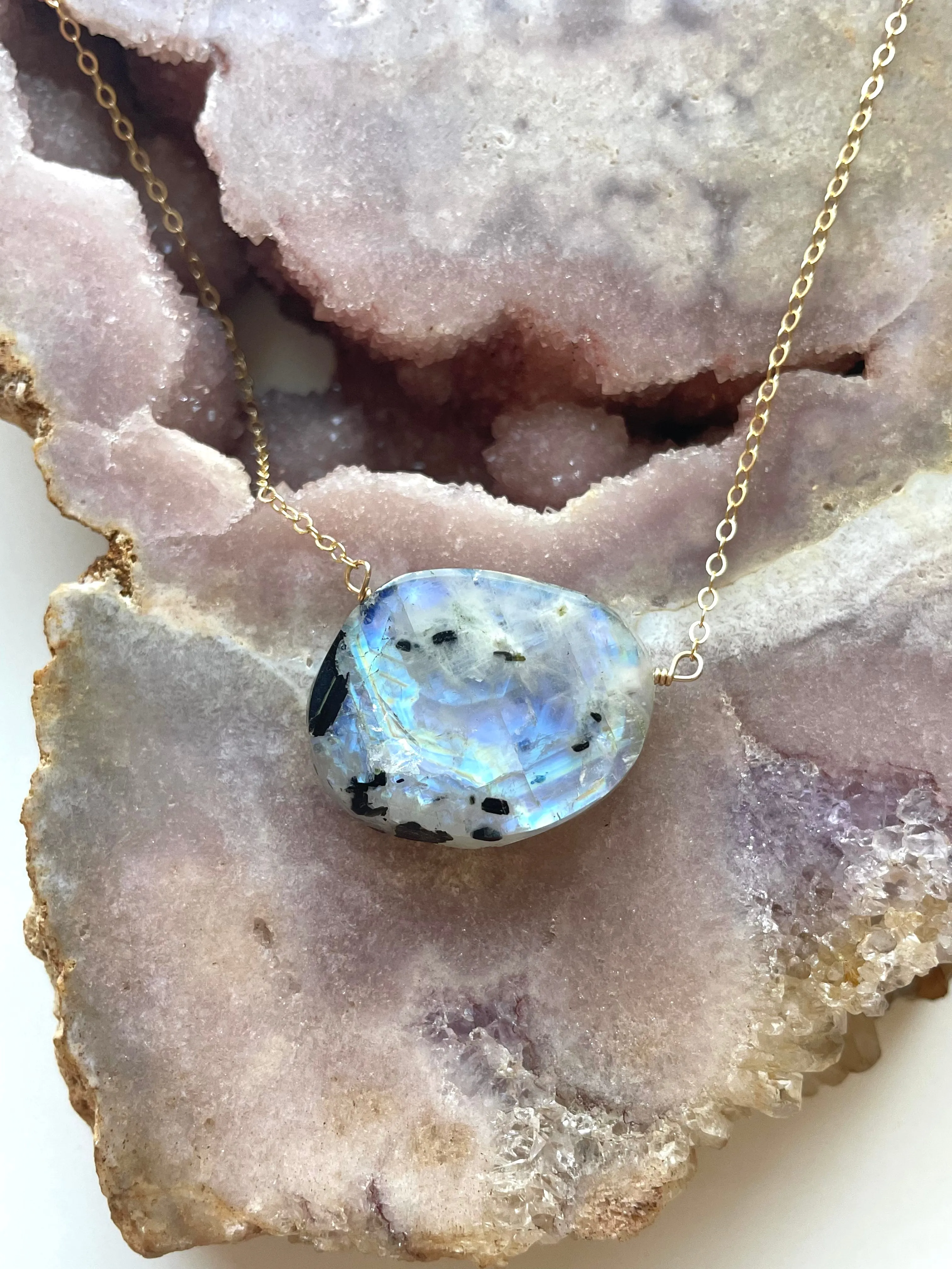 Large statement rainbow moonstone necklace 14kt gold filled