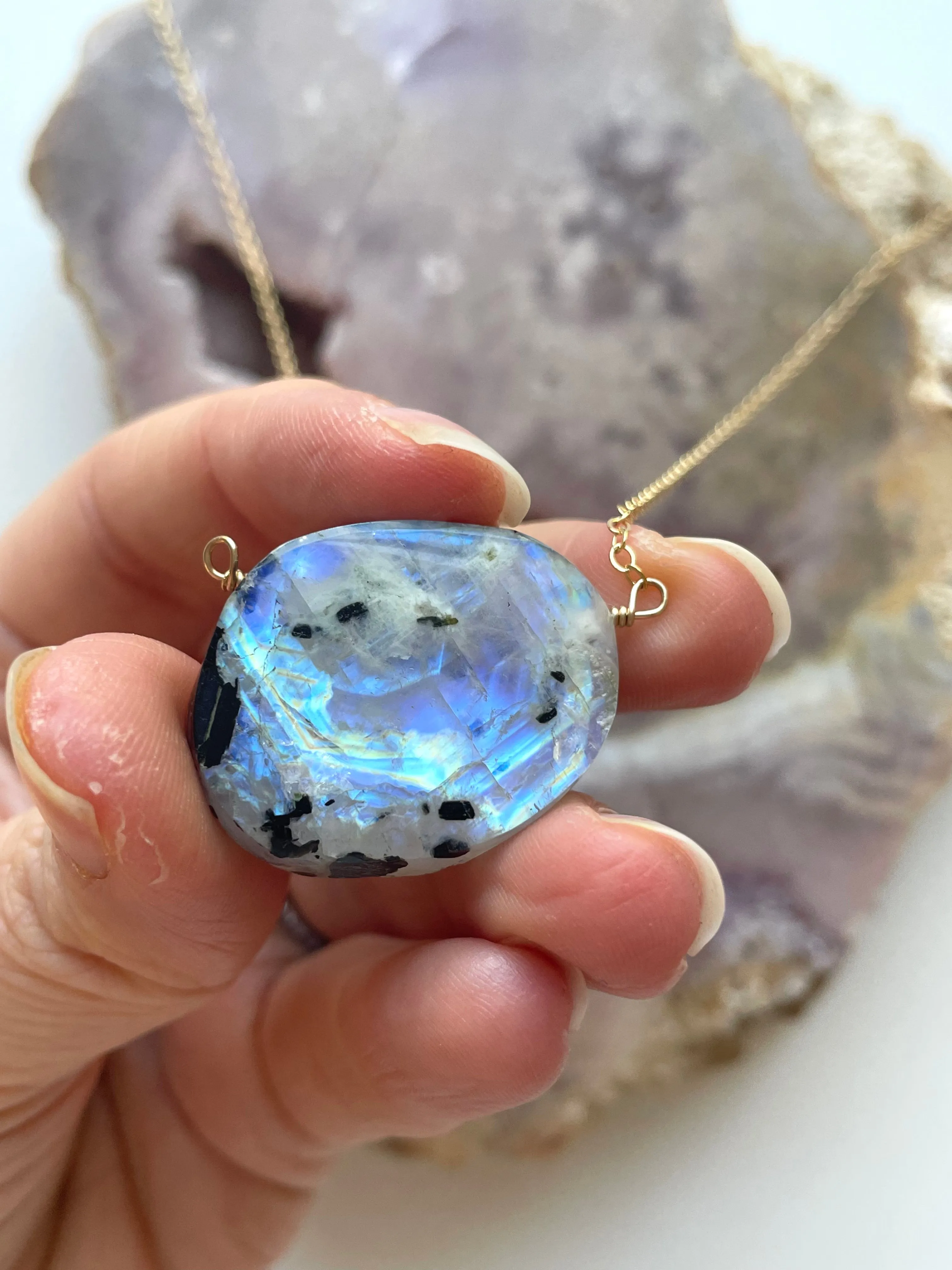 Large statement rainbow moonstone necklace 14kt gold filled