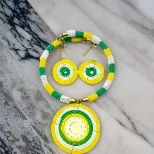 Maasai African Round Green/Yellow/White Beaded Choker Necklace & Earring Set