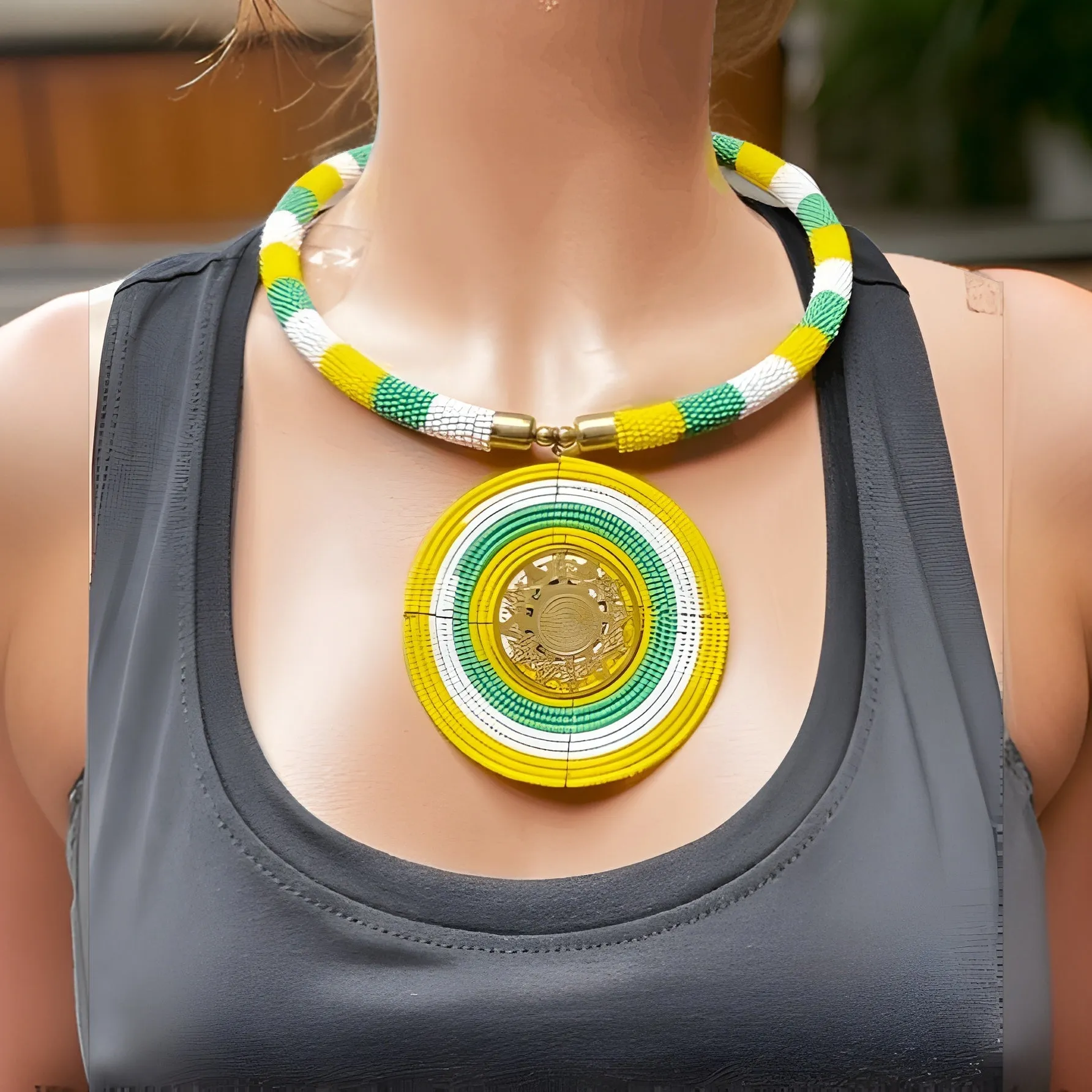Maasai African Round Green/Yellow/White Beaded Choker Necklace & Earring Set