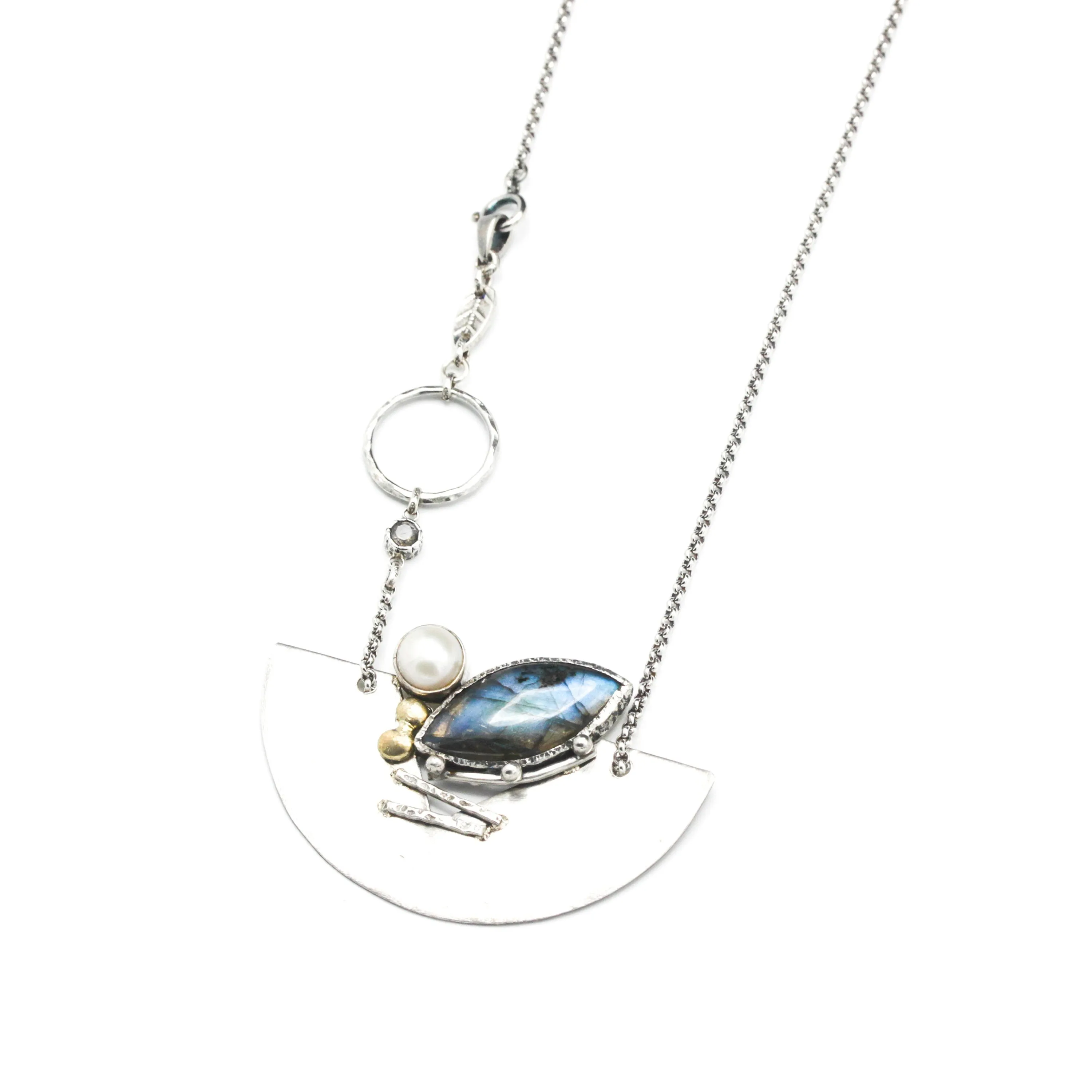 Marquise labradorite pendant necklace in silver bezel setting and freshwater pearls with silver fan shape on silver chain