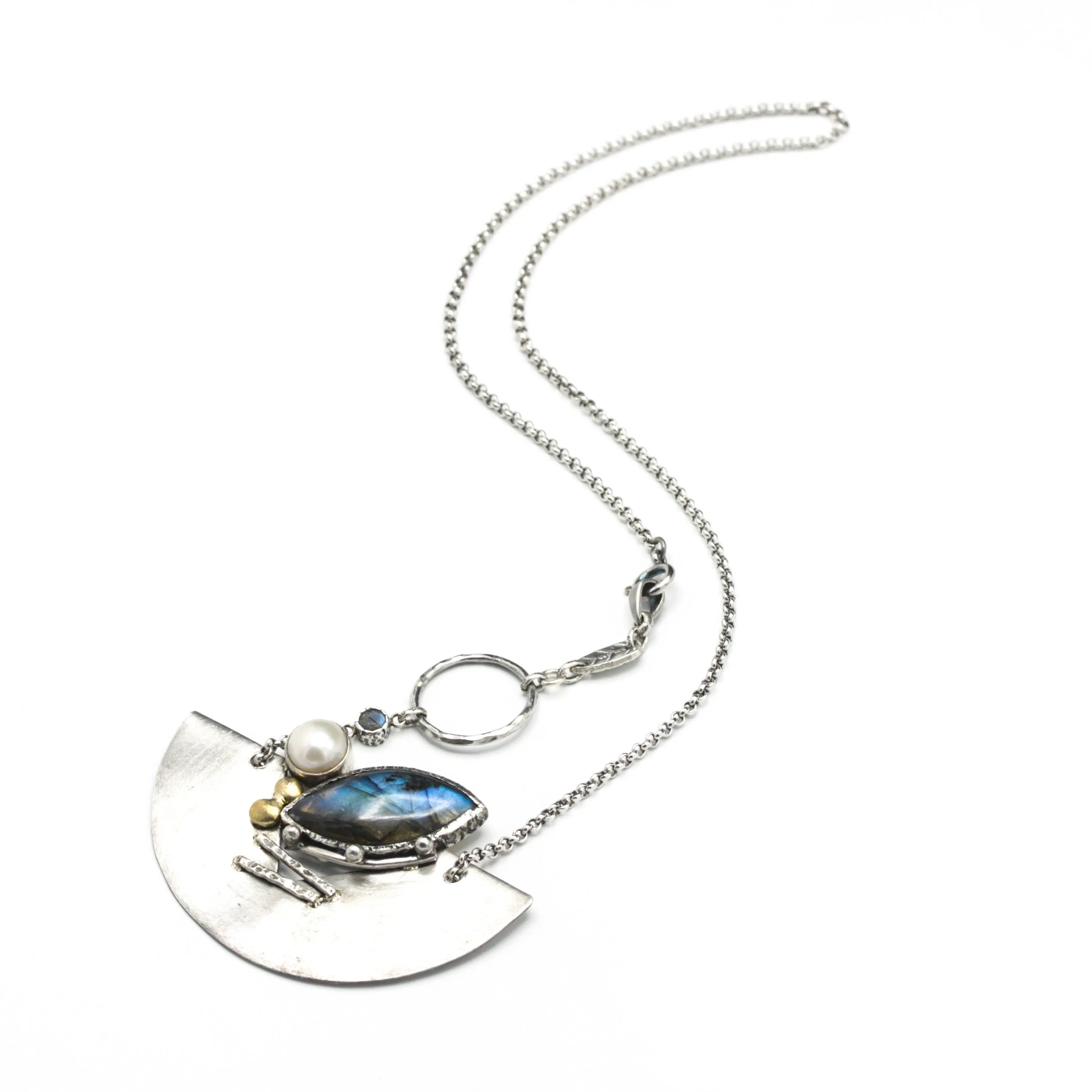 Marquise labradorite pendant necklace in silver bezel setting and freshwater pearls with silver fan shape on silver chain