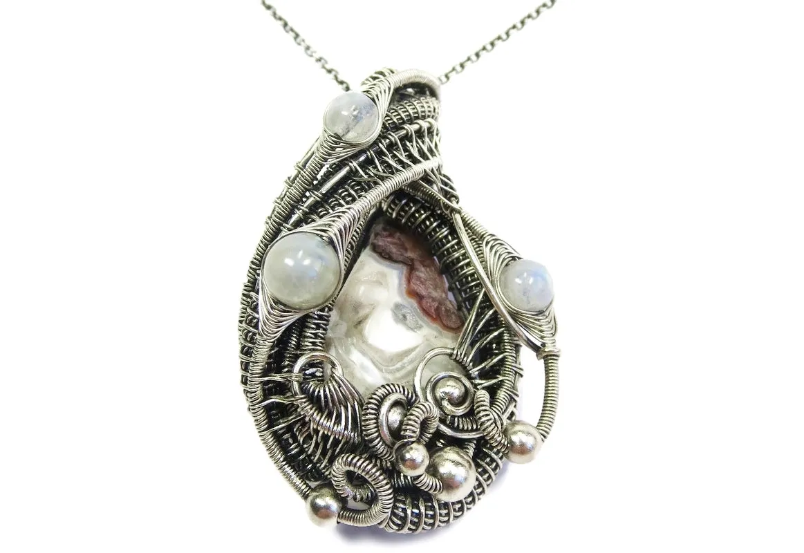 Mexican Crazy Lace Pendant with Rainbow Moonstone
