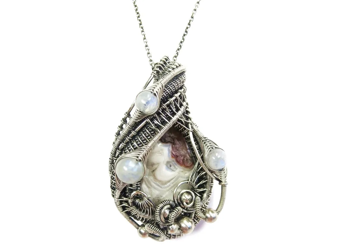 Mexican Crazy Lace Pendant with Rainbow Moonstone
