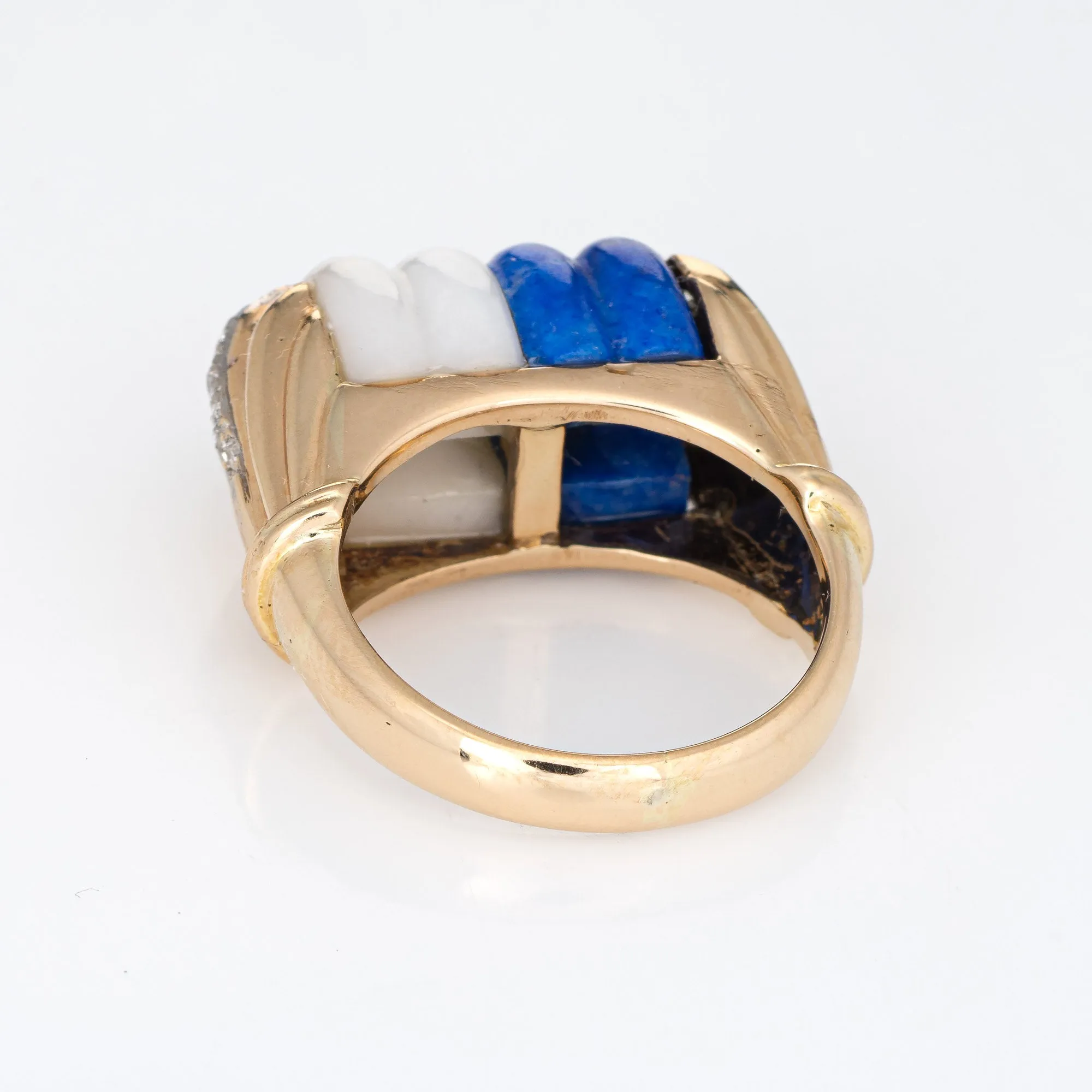 Mid Century Vintage Ring Diamond Fluted Sodalite White Agate 14k Gold Cocktail