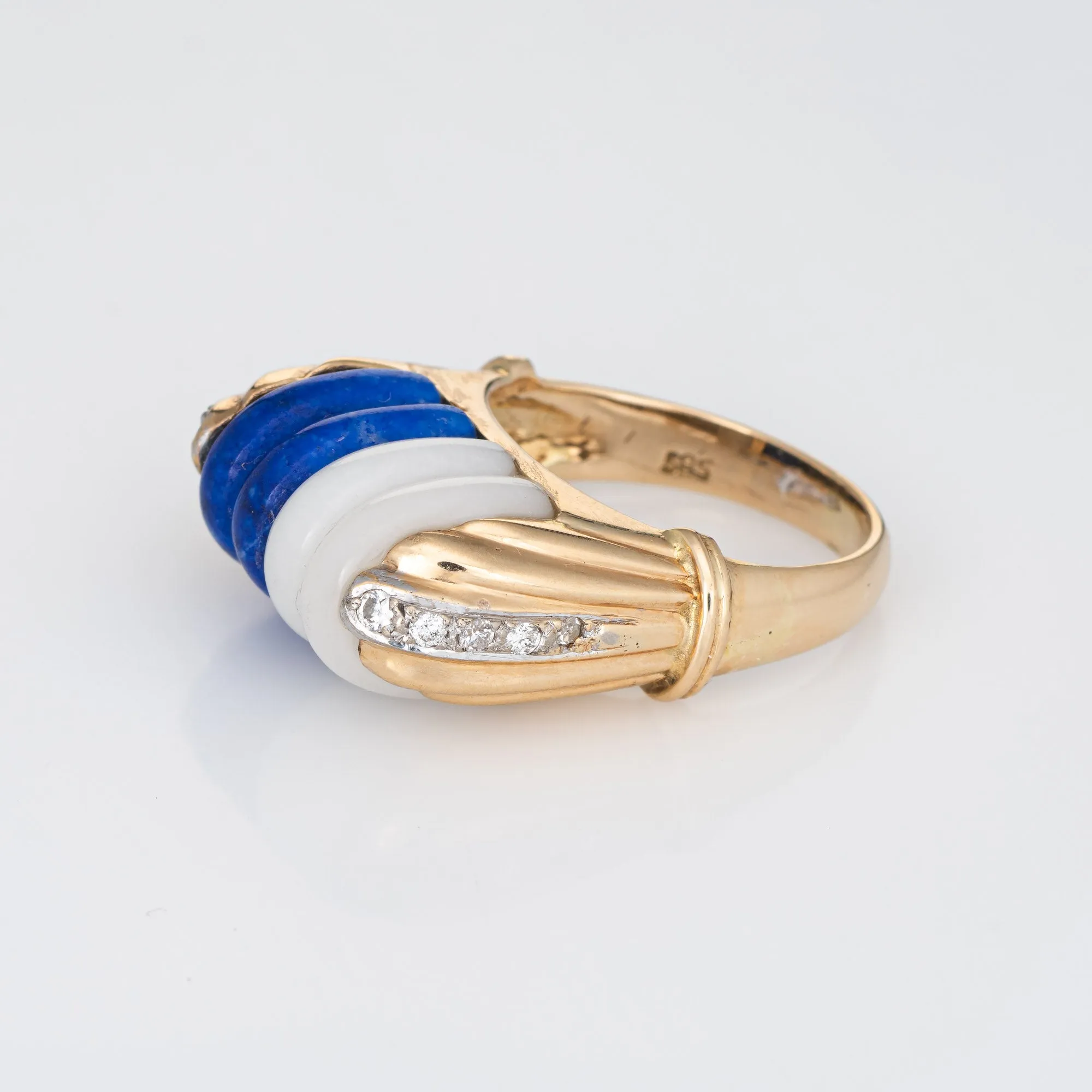 Mid Century Vintage Ring Diamond Fluted Sodalite White Agate 14k Gold Cocktail