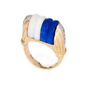 Mid Century Vintage Ring Diamond Fluted Sodalite White Agate 14k Gold Cocktail