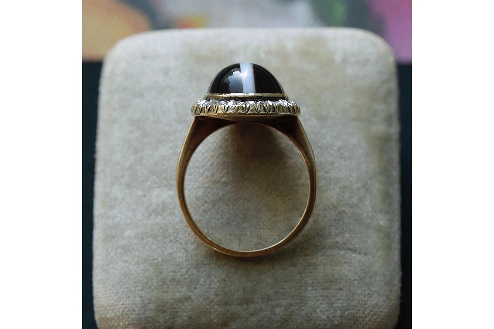 Mid-Victorian Banded Agate Diamond Halo Ring
