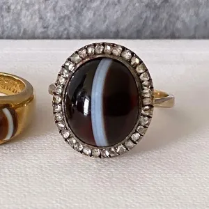 Mid-Victorian Banded Agate Diamond Halo Ring