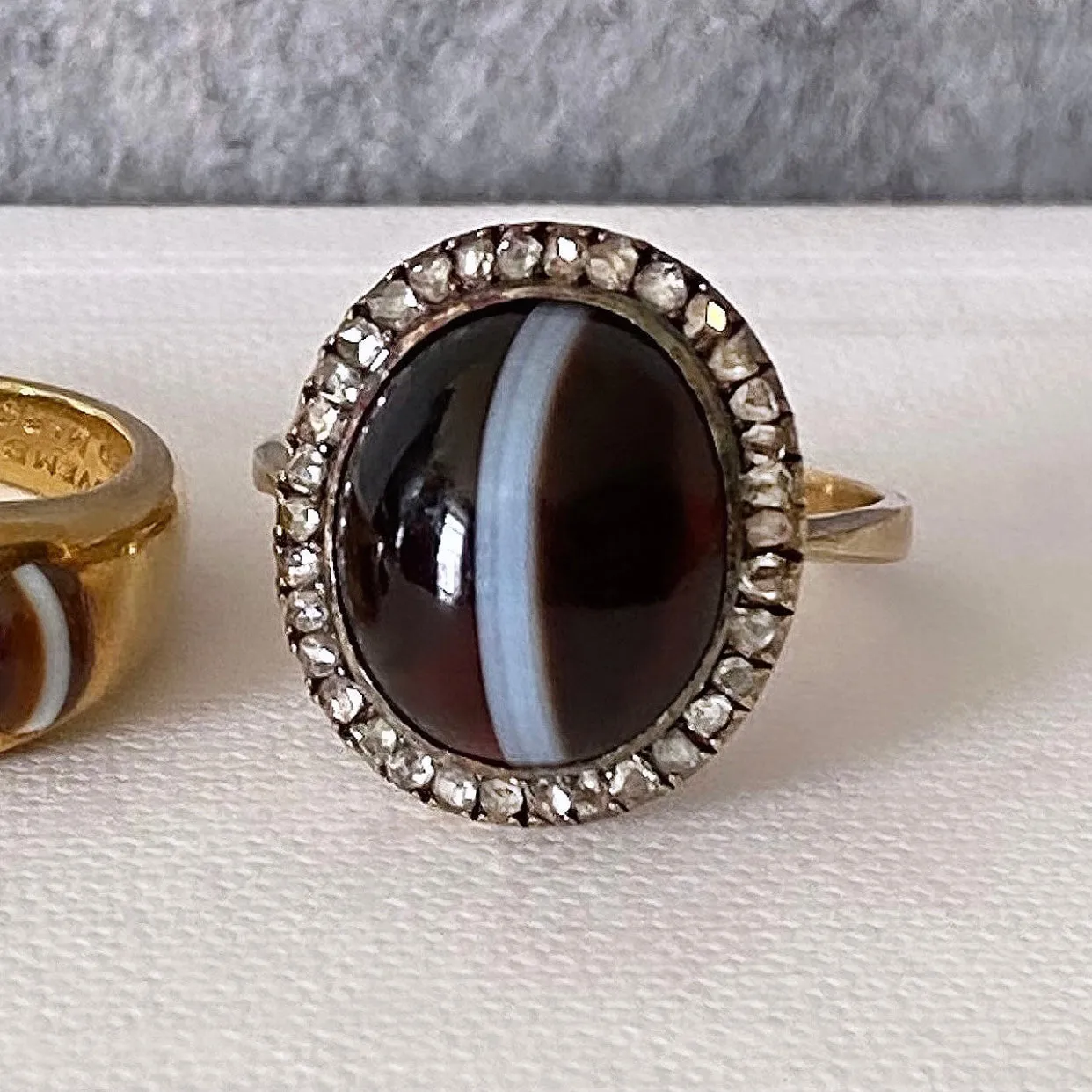 Mid-Victorian Banded Agate Diamond Halo Ring