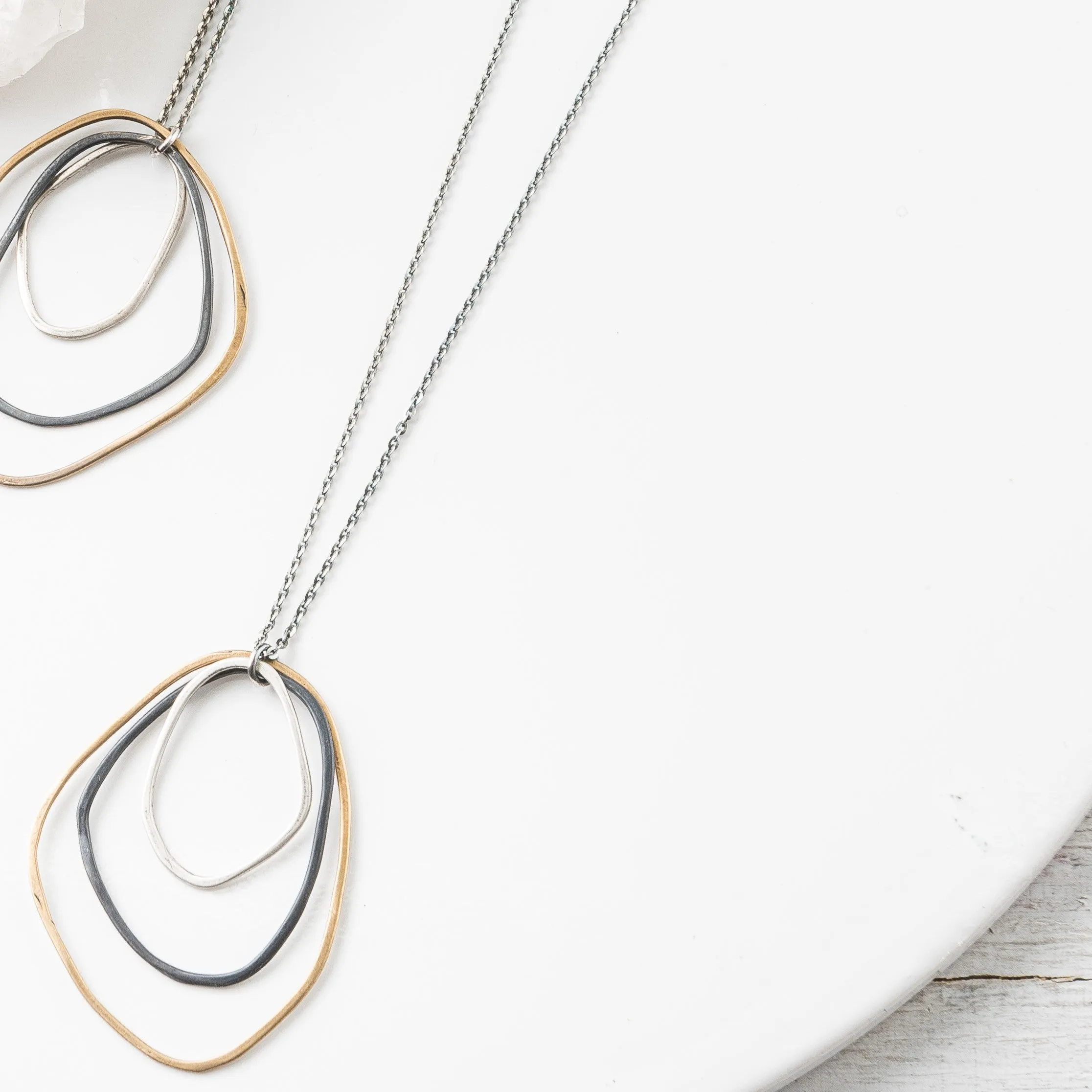 Mixed Metal Triple Freeform Necklace on Long Chain
