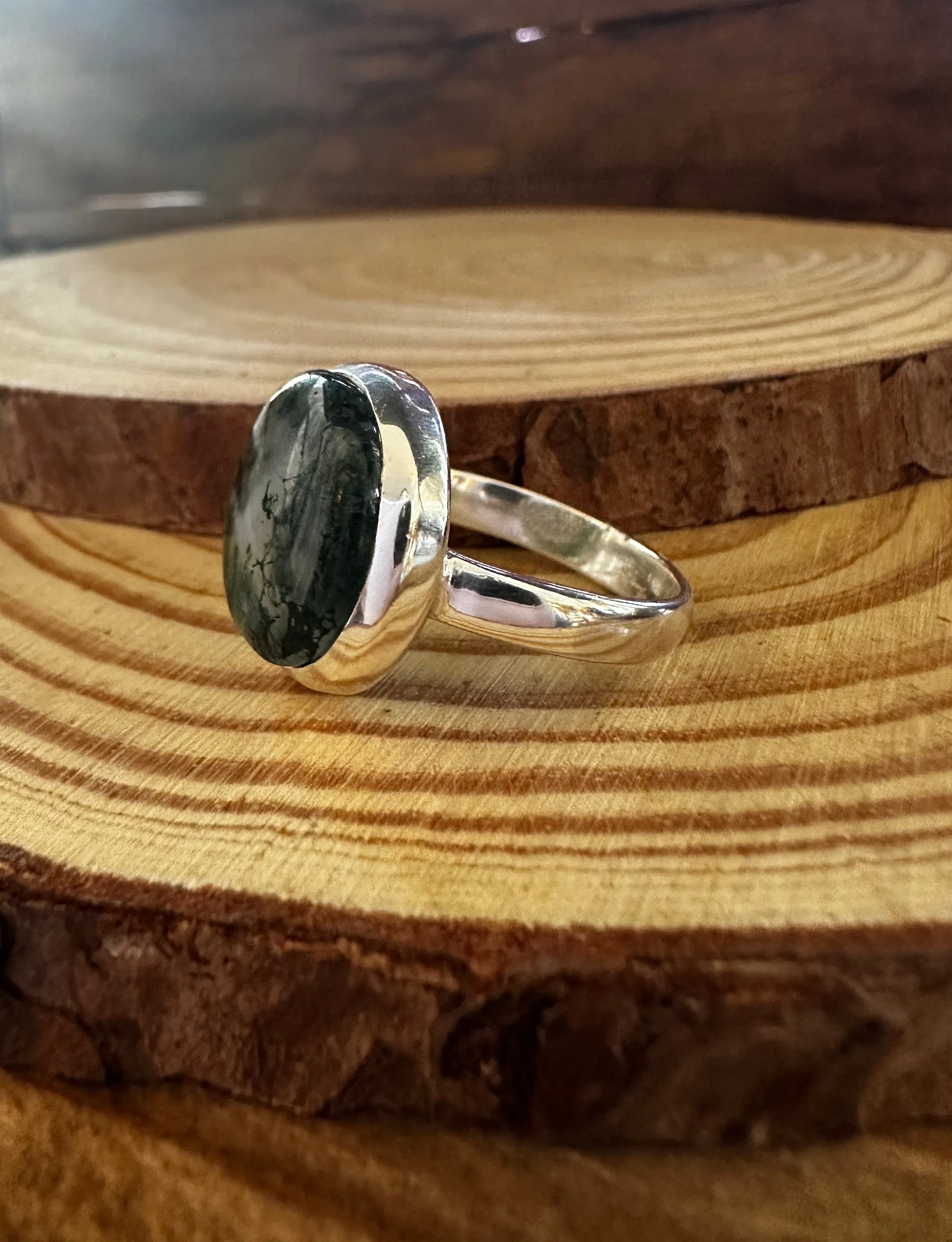 MOSS AGATE and Silver Ring • Size 9