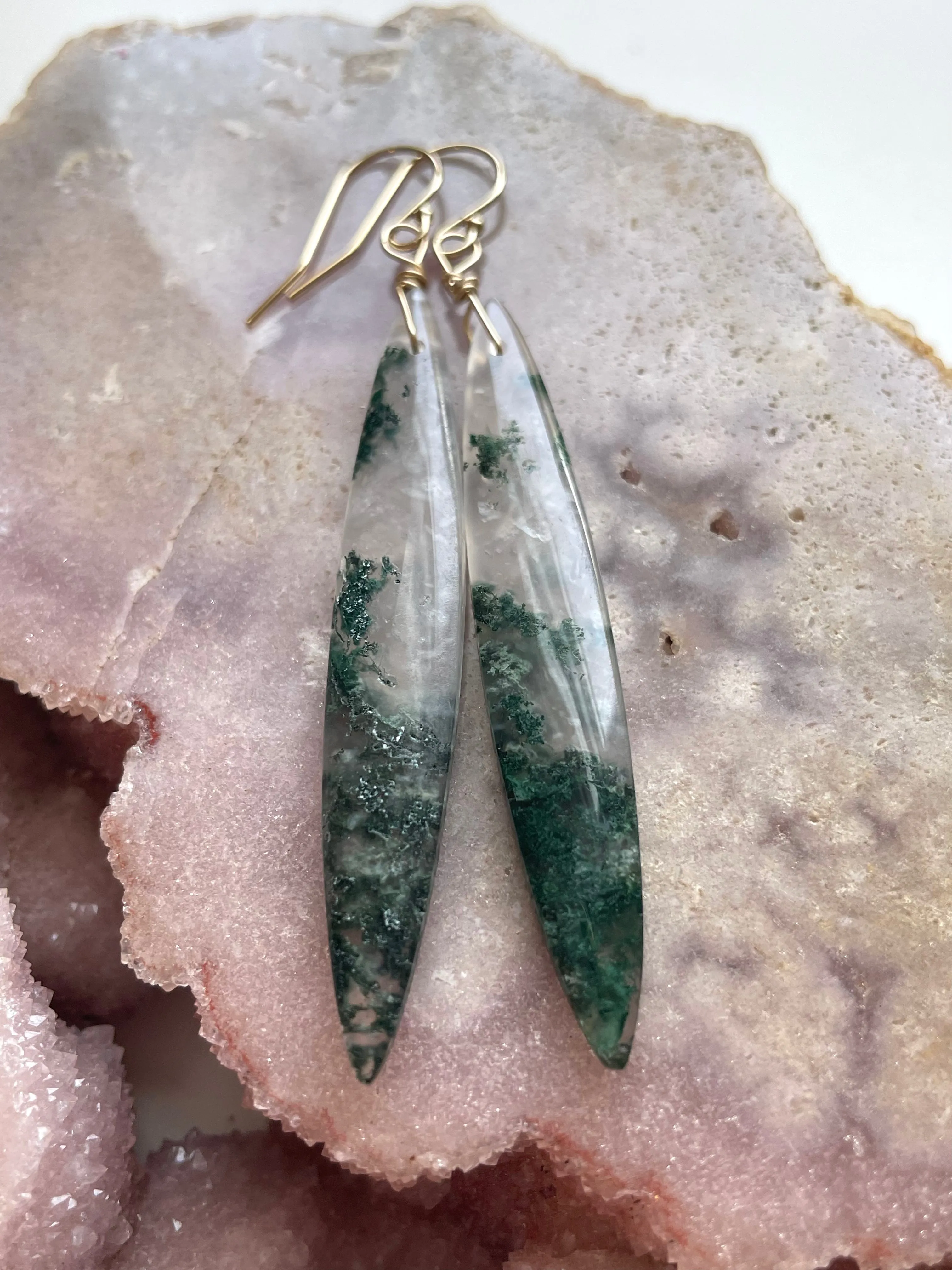Moss agate earrings dangle gold fill statement