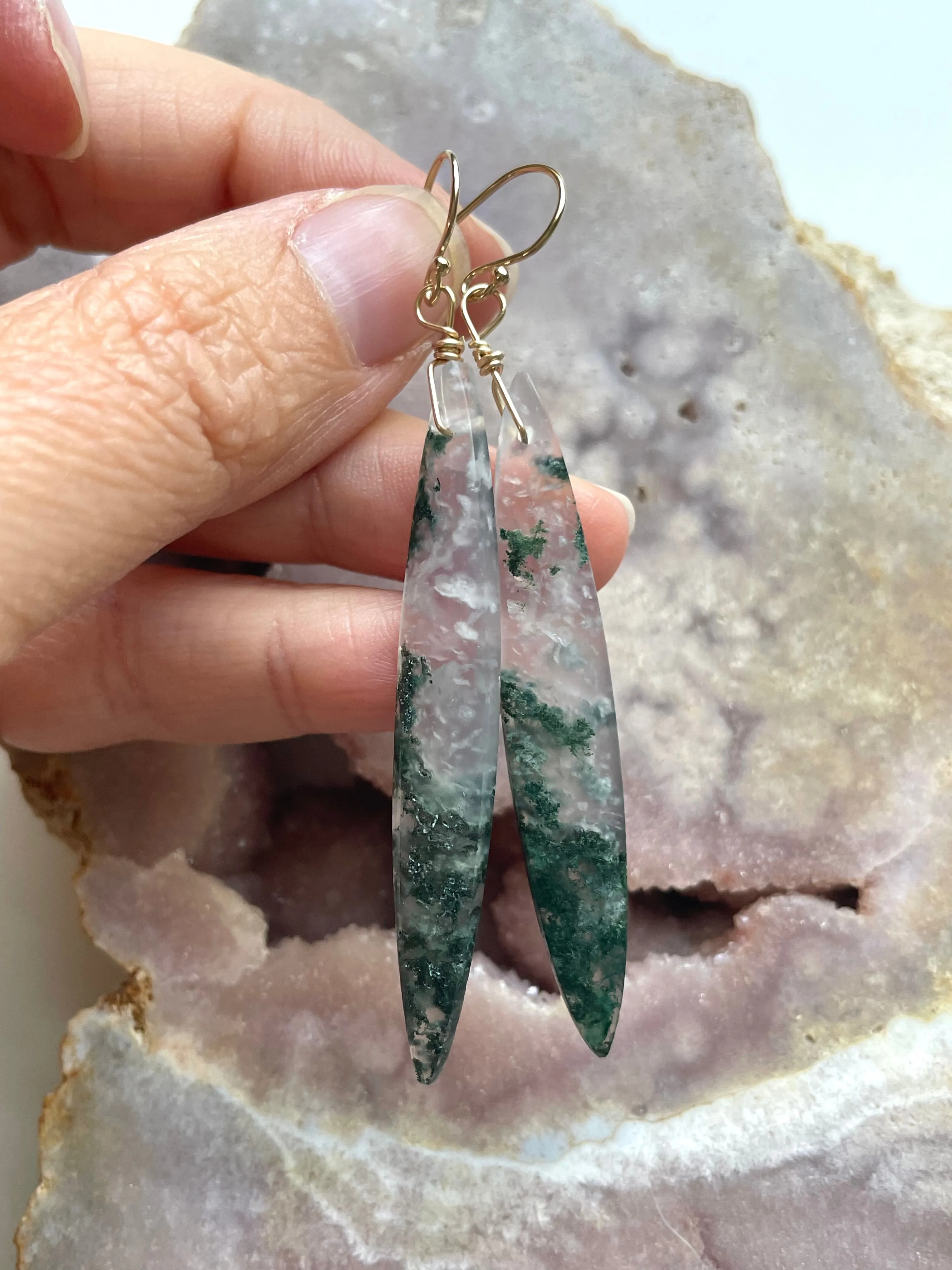 Moss agate earrings dangle gold fill statement