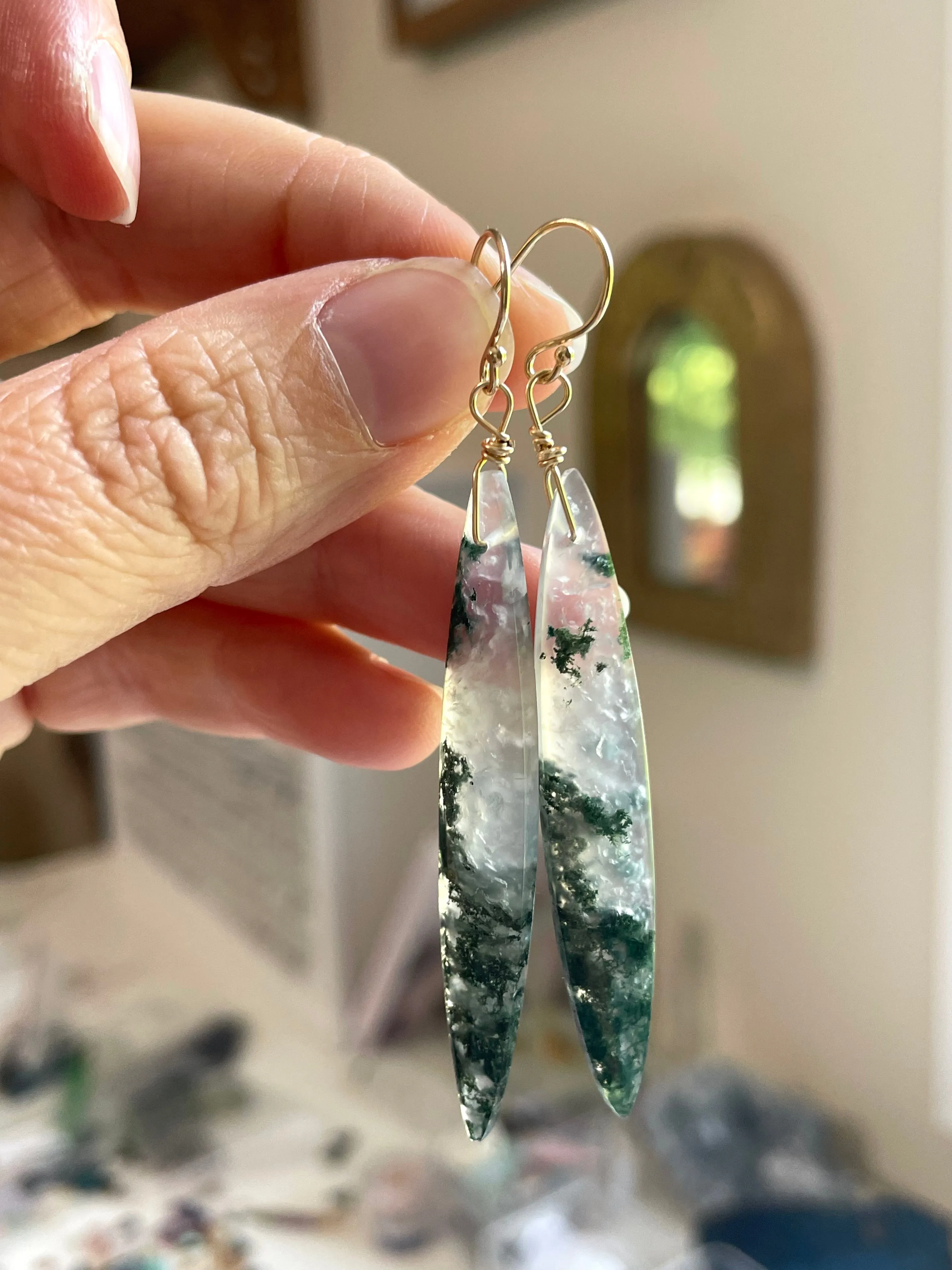 Moss agate earrings dangle gold fill statement