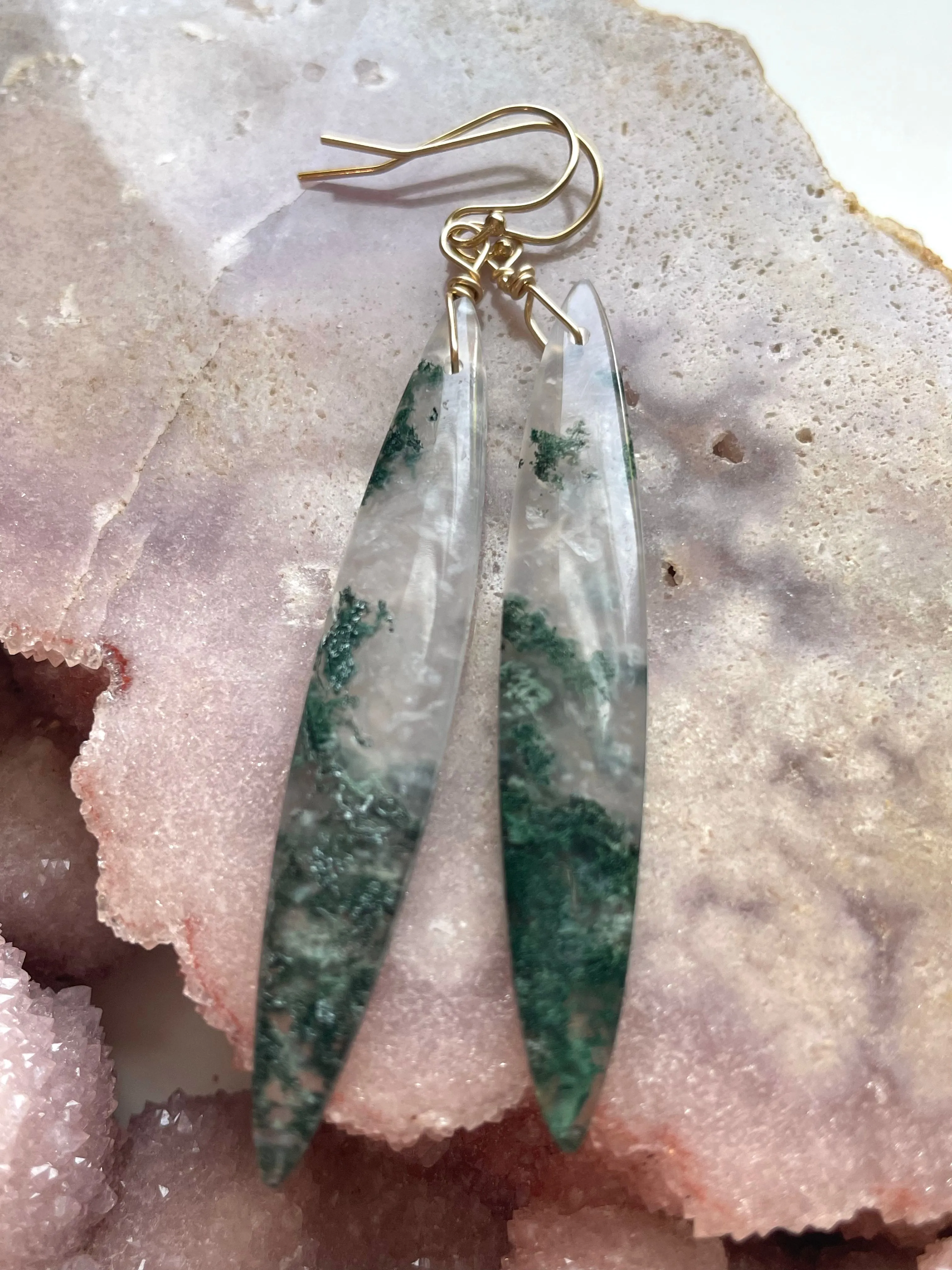 Moss agate earrings dangle gold fill statement