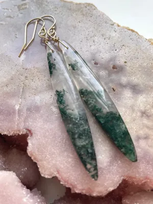 Moss agate earrings dangle gold fill statement