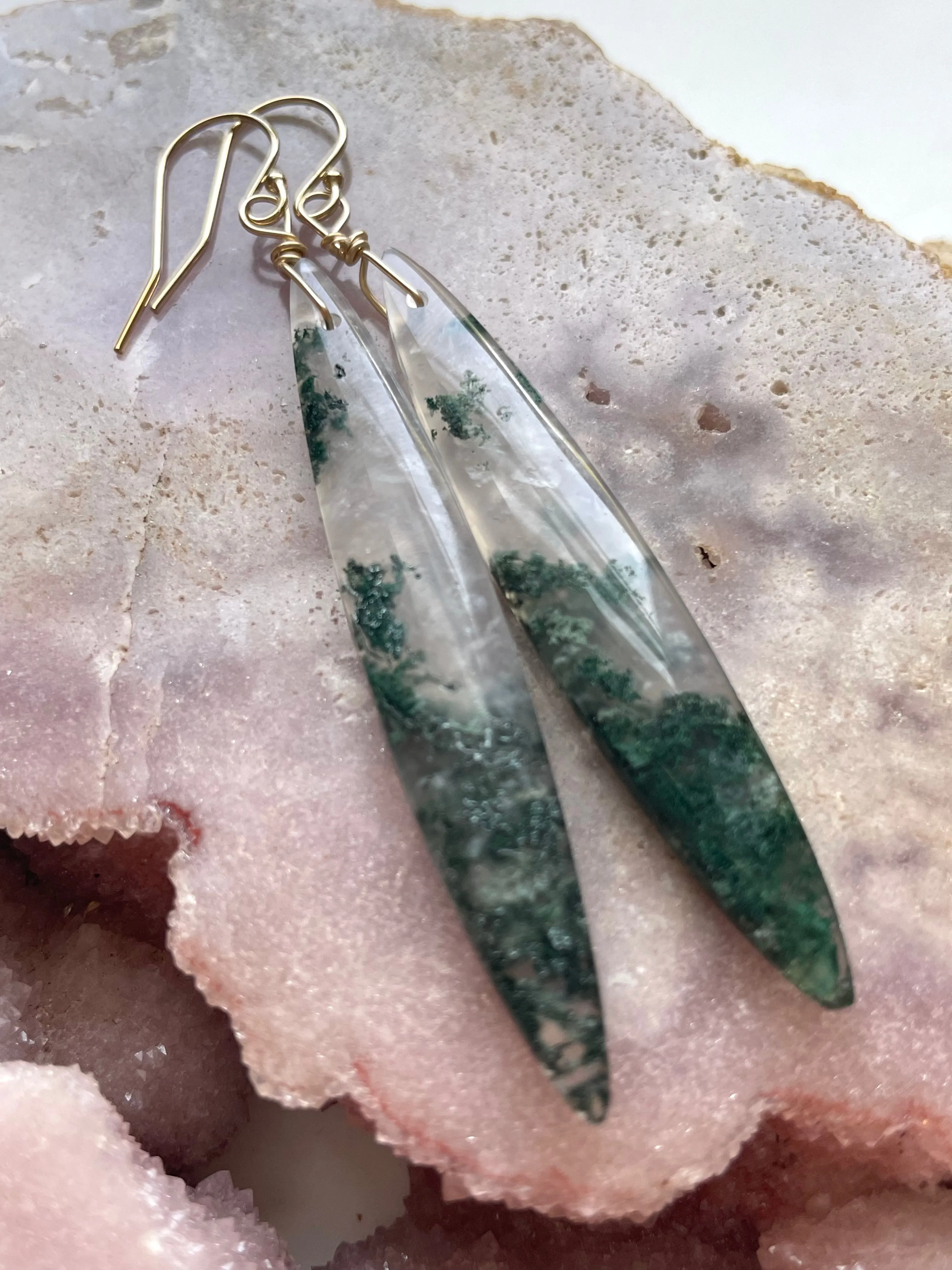 Moss agate earrings dangle gold fill statement