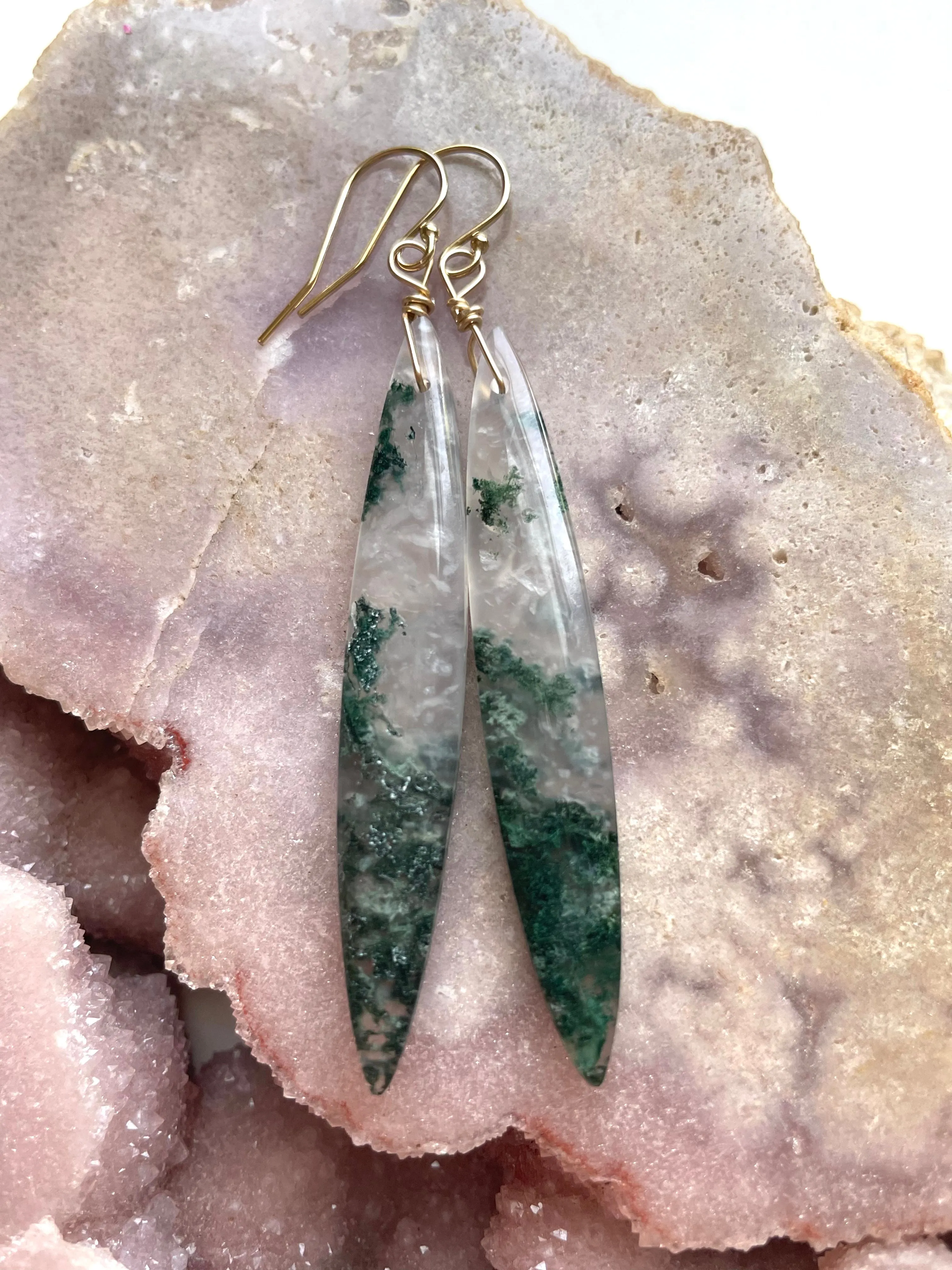 Moss agate earrings dangle gold fill statement
