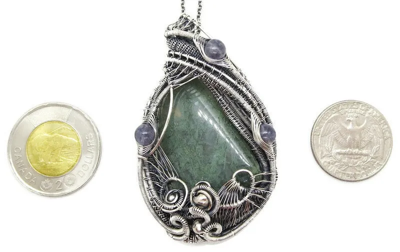 Moss Agate Pendant in Sterling Silver with Iolite