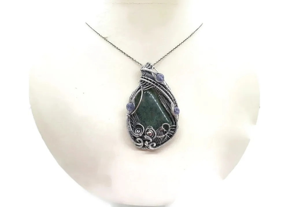 Moss Agate Pendant in Sterling Silver with Iolite