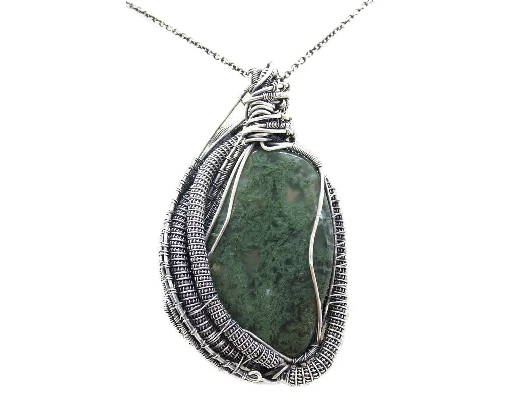 Moss Agate Pendant in Sterling Silver with Iolite