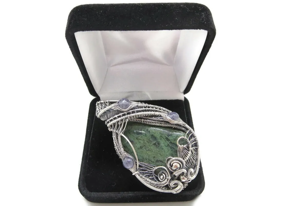 Moss Agate Pendant in Sterling Silver with Iolite