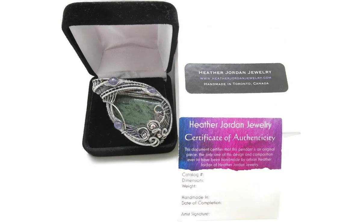 Moss Agate Pendant in Sterling Silver with Iolite
