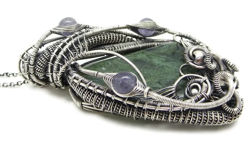 Moss Agate Pendant in Sterling Silver with Iolite