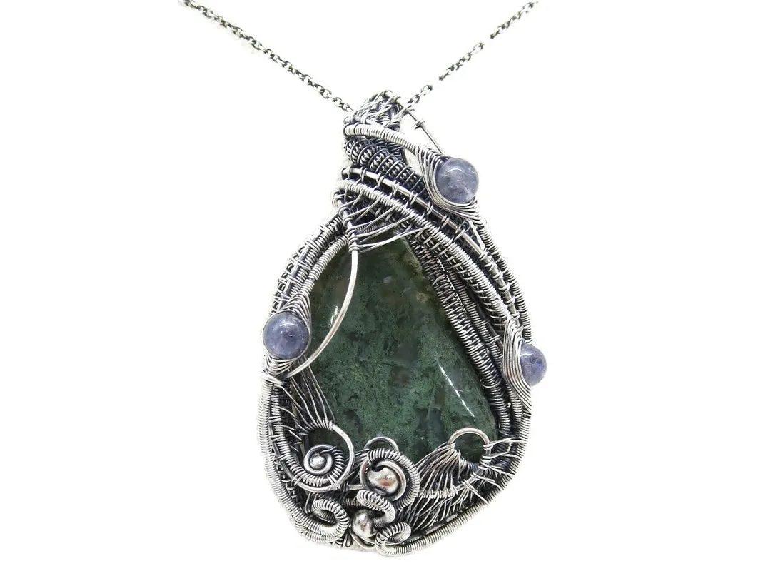 Moss Agate Pendant in Sterling Silver with Iolite