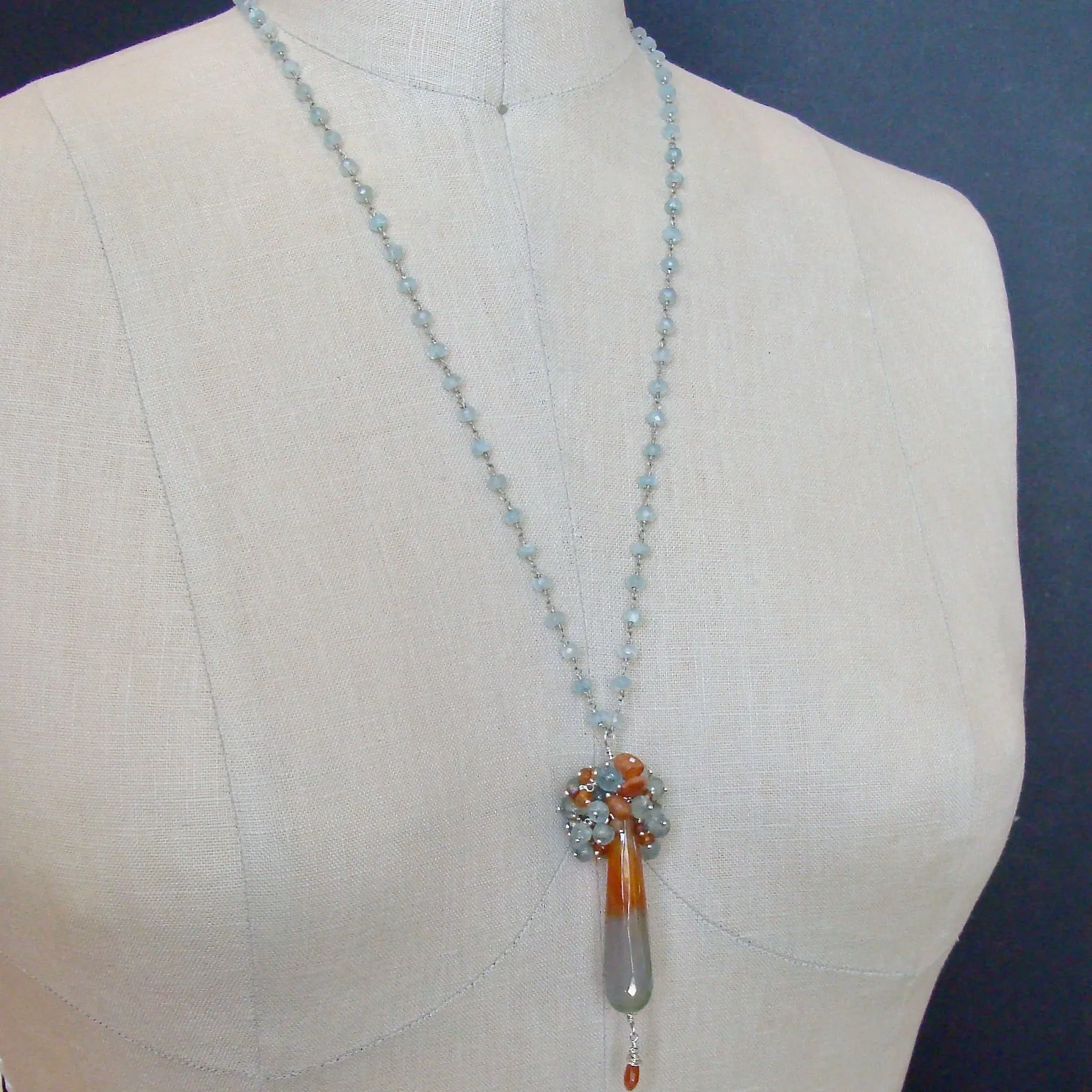 Moss Aquamarine, Sunstone, Spessartite, Hessonite Clusters and Agate Pendant Necklace - Abbi II Necklace