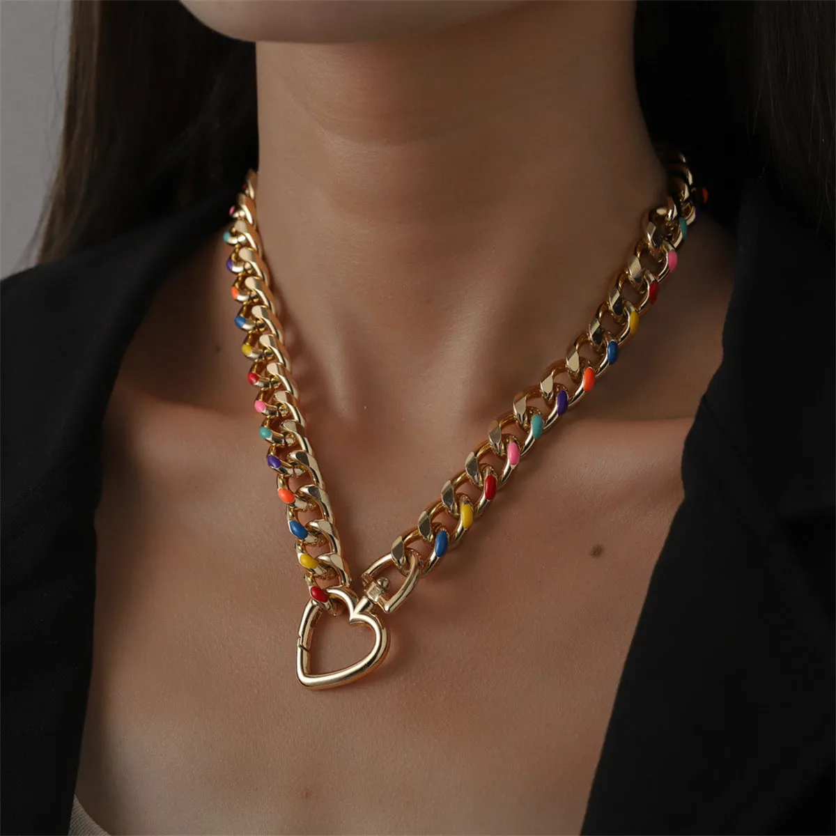 Multicolor Enamel & 18K Gold-Plated Heart Curb Chain Toggle Necklace
