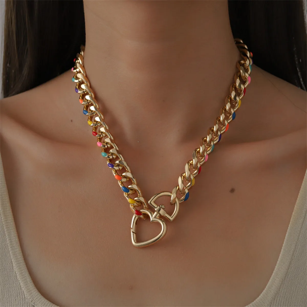 Multicolor Enamel & 18K Gold-Plated Heart Curb Chain Toggle Necklace