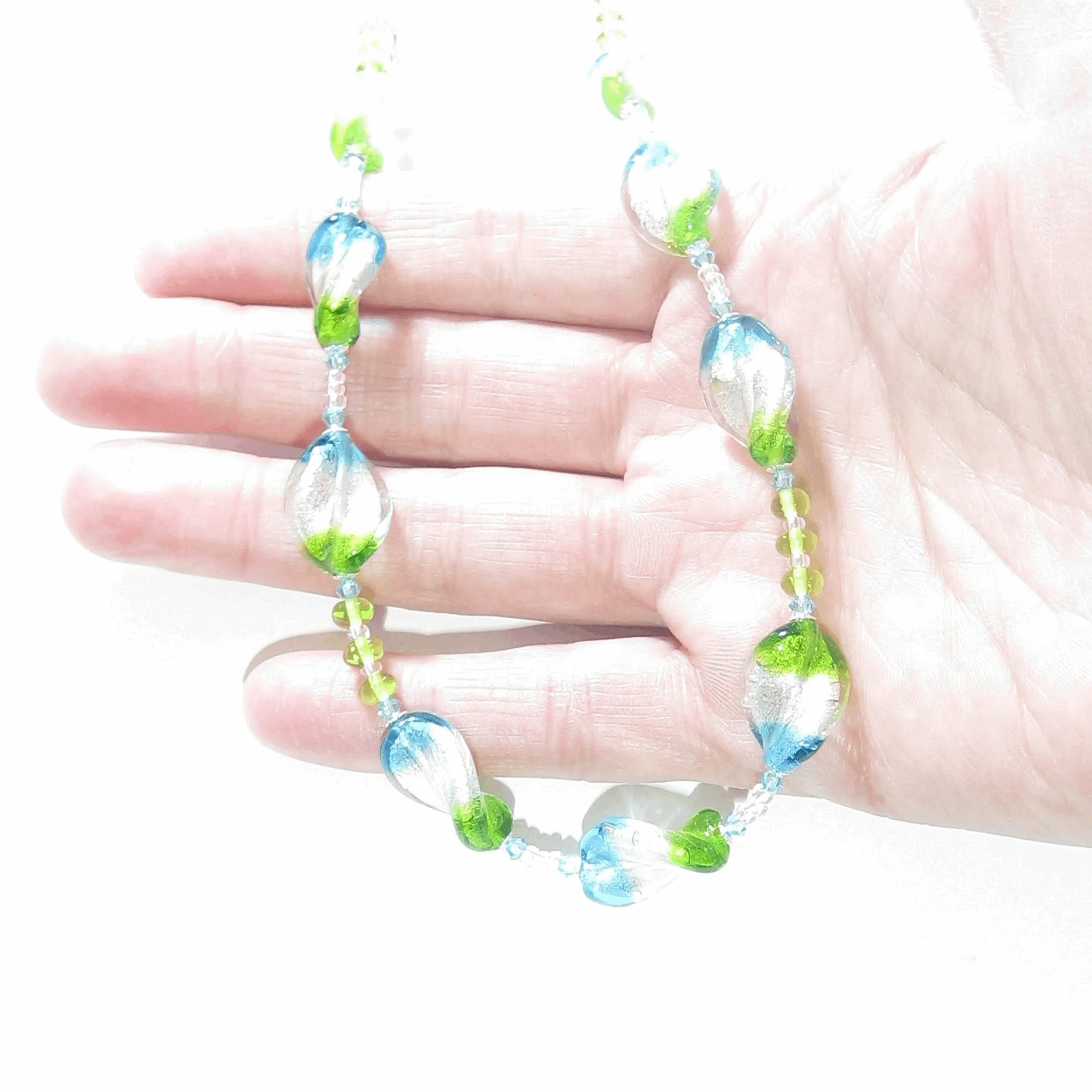 Murano Glass Aqua Green Tricolor Twist Silver Necklace