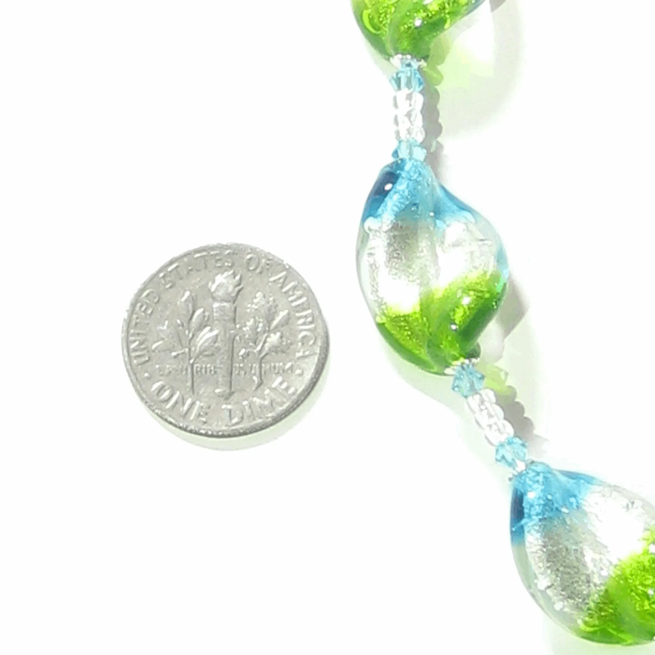 Murano Glass Aqua Green Tricolor Twist Silver Necklace