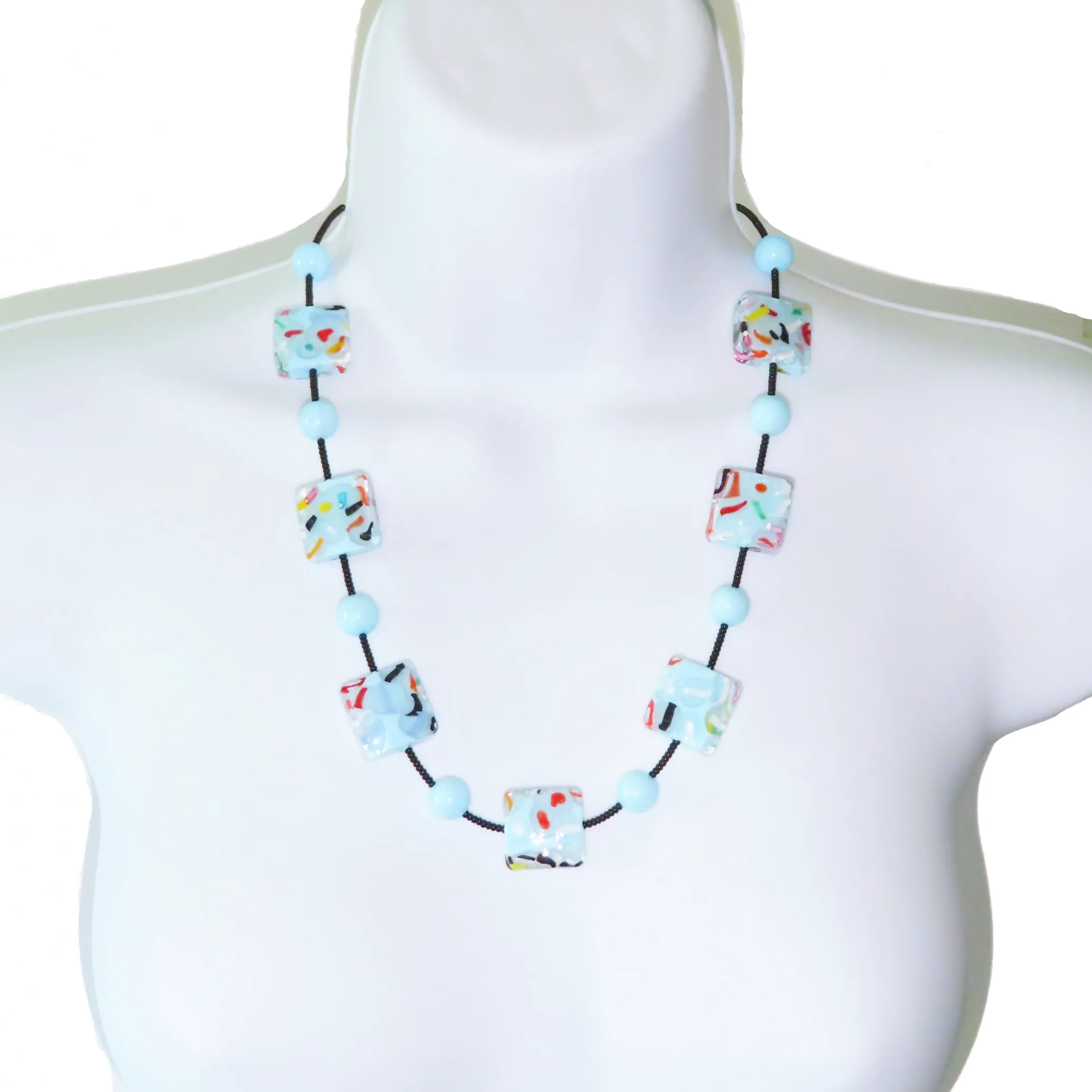 Murano Glass Fun Confetti Colorful Square Silver Necklace
