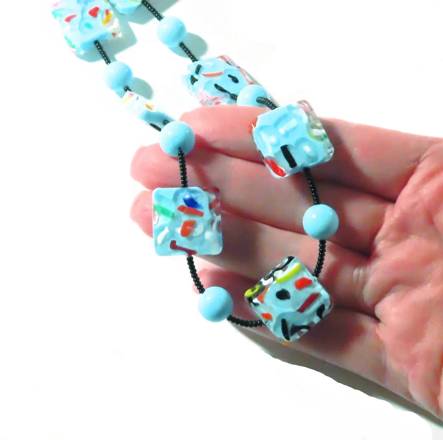 Murano Glass Fun Confetti Colorful Square Silver Necklace