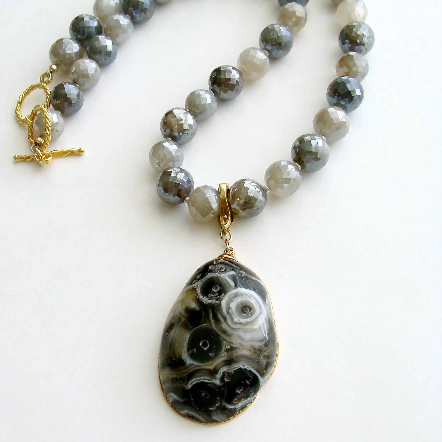 Mystic Moonstone Necklace with Removable Agate Druzy Egg Pendant - Maeve Necklace