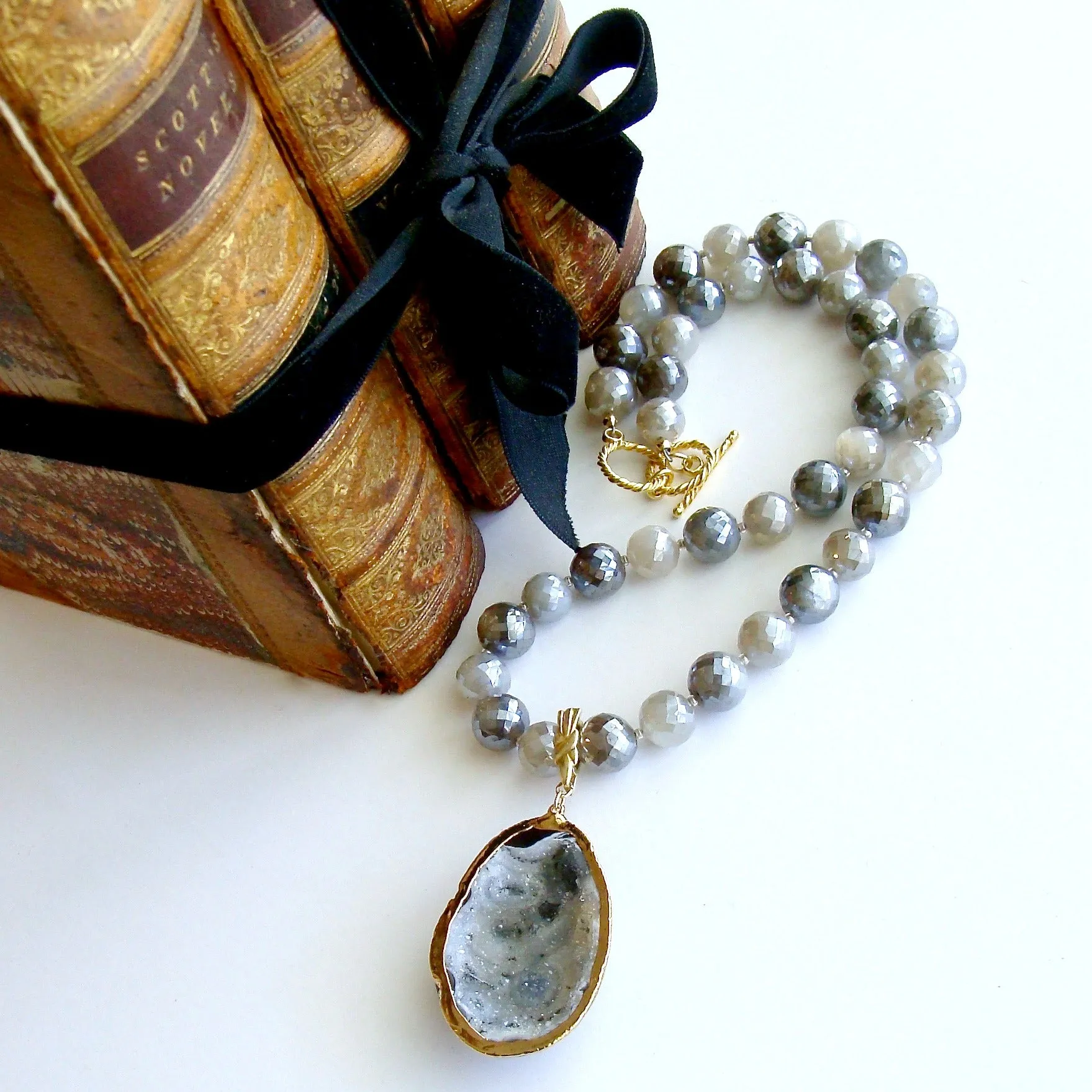 Mystic Moonstone Necklace with Removable Agate Druzy Egg Pendant - Maeve Necklace