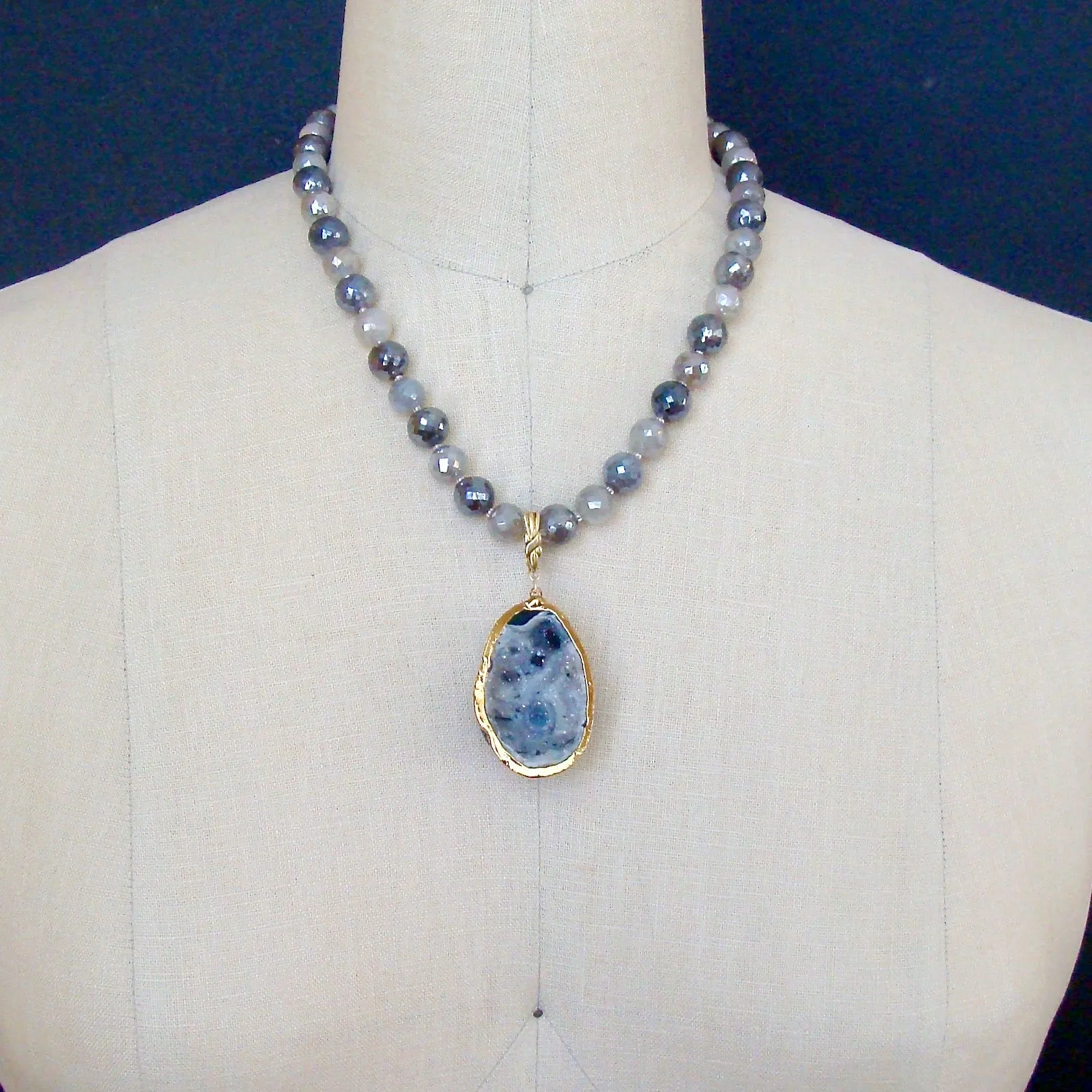 Mystic Moonstone Necklace with Removable Agate Druzy Egg Pendant - Maeve Necklace