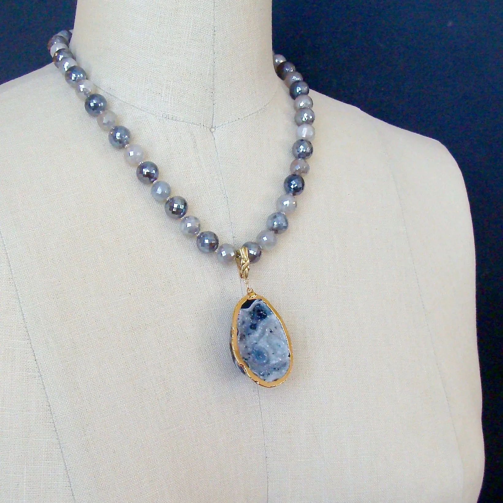 Mystic Moonstone Necklace with Removable Agate Druzy Egg Pendant - Maeve Necklace