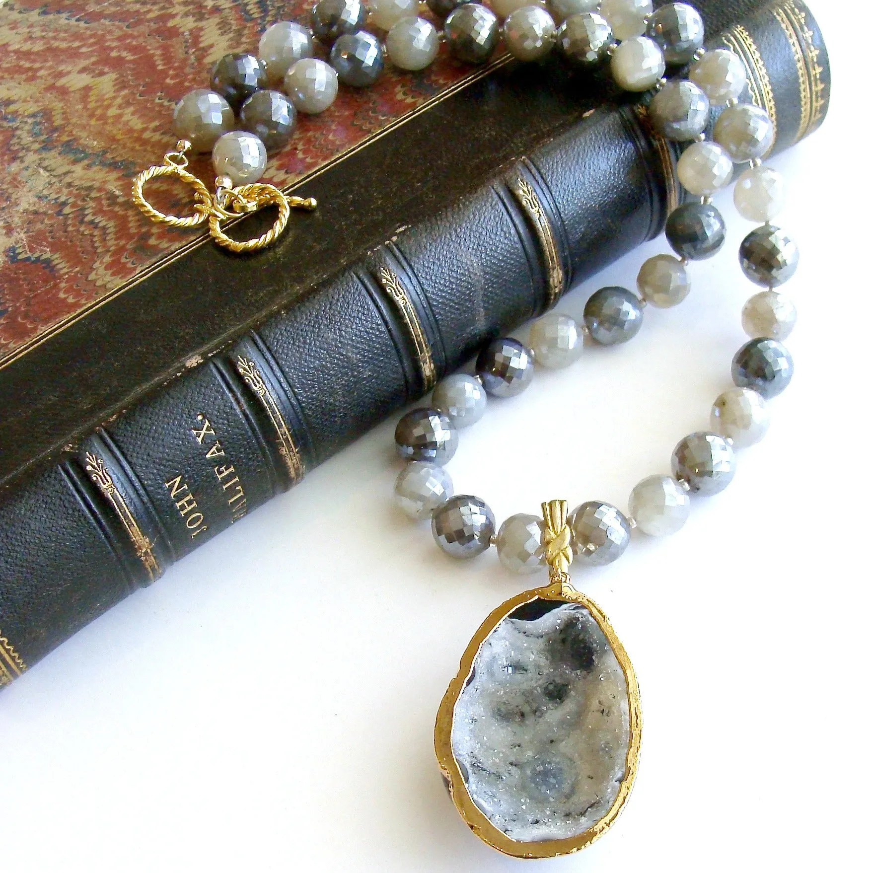 Mystic Moonstone Necklace with Removable Agate Druzy Egg Pendant - Maeve Necklace