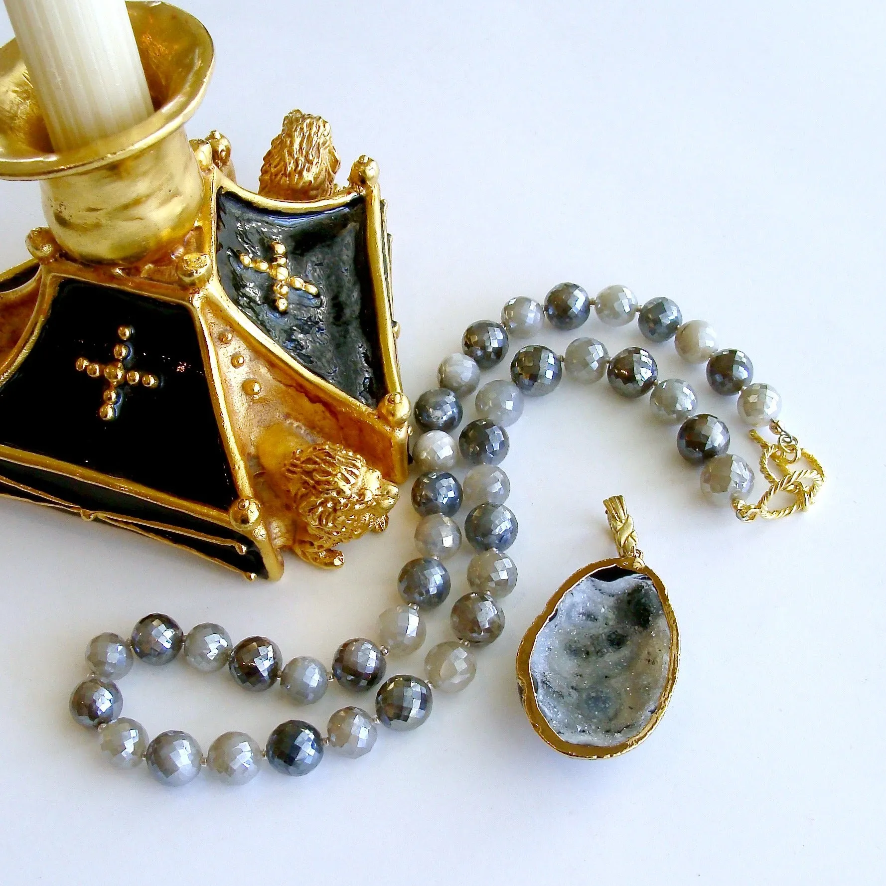Mystic Moonstone Necklace with Removable Agate Druzy Egg Pendant - Maeve Necklace
